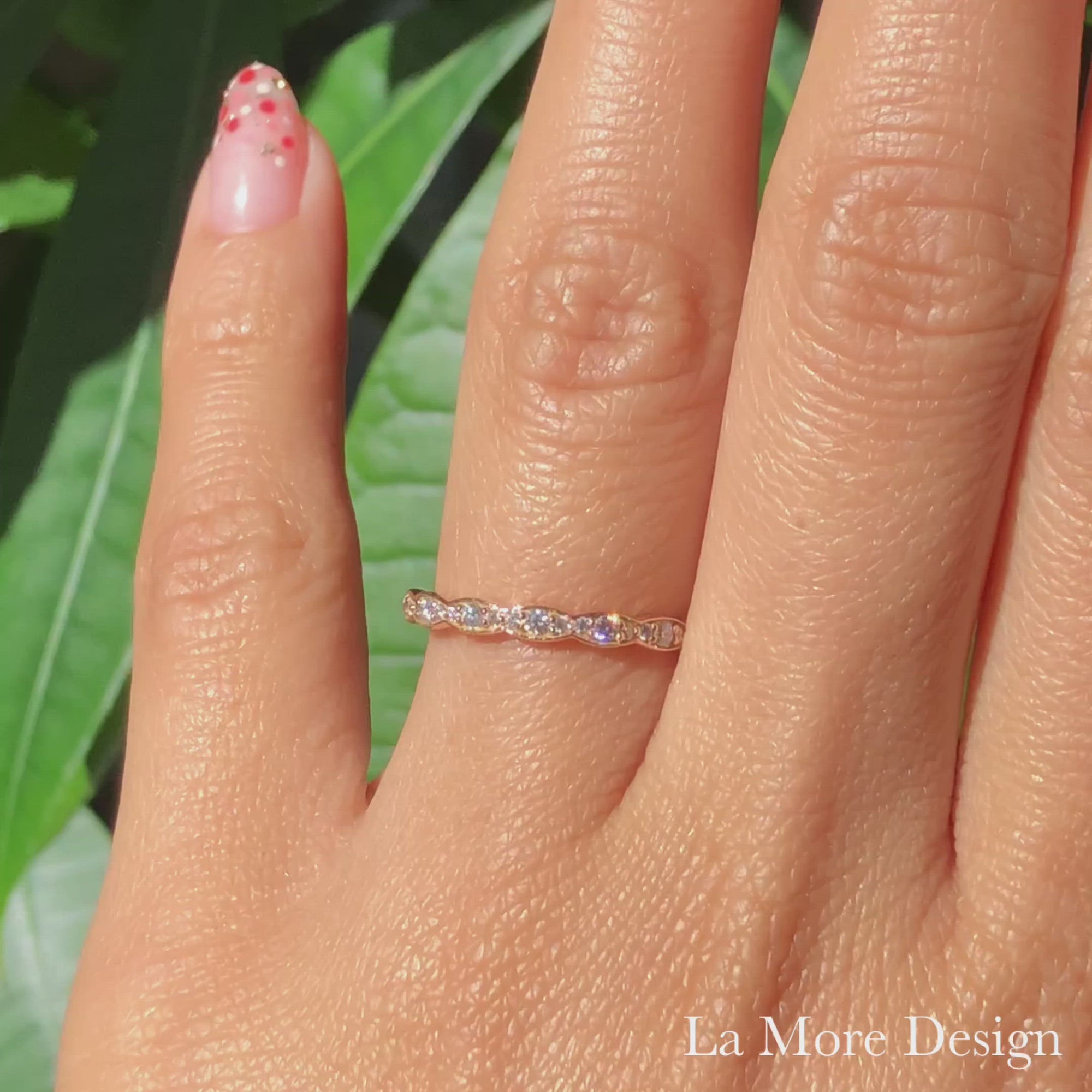 Vintage inspired diamond wedding ring is crafted in 14k rose gold scalloped band studded with brilliant round cut diamonds. This elegant scalloped diamond ring is perfect as a matching wedding band with our vintage floral engagement rings or it can stack up with your other rings.