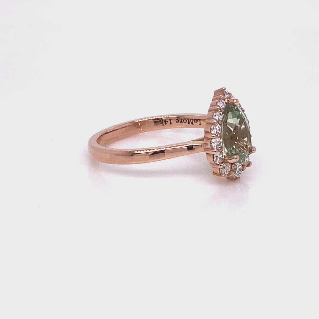 Pear green sapphire ring rose gold halo diamond ring la more design jewelry