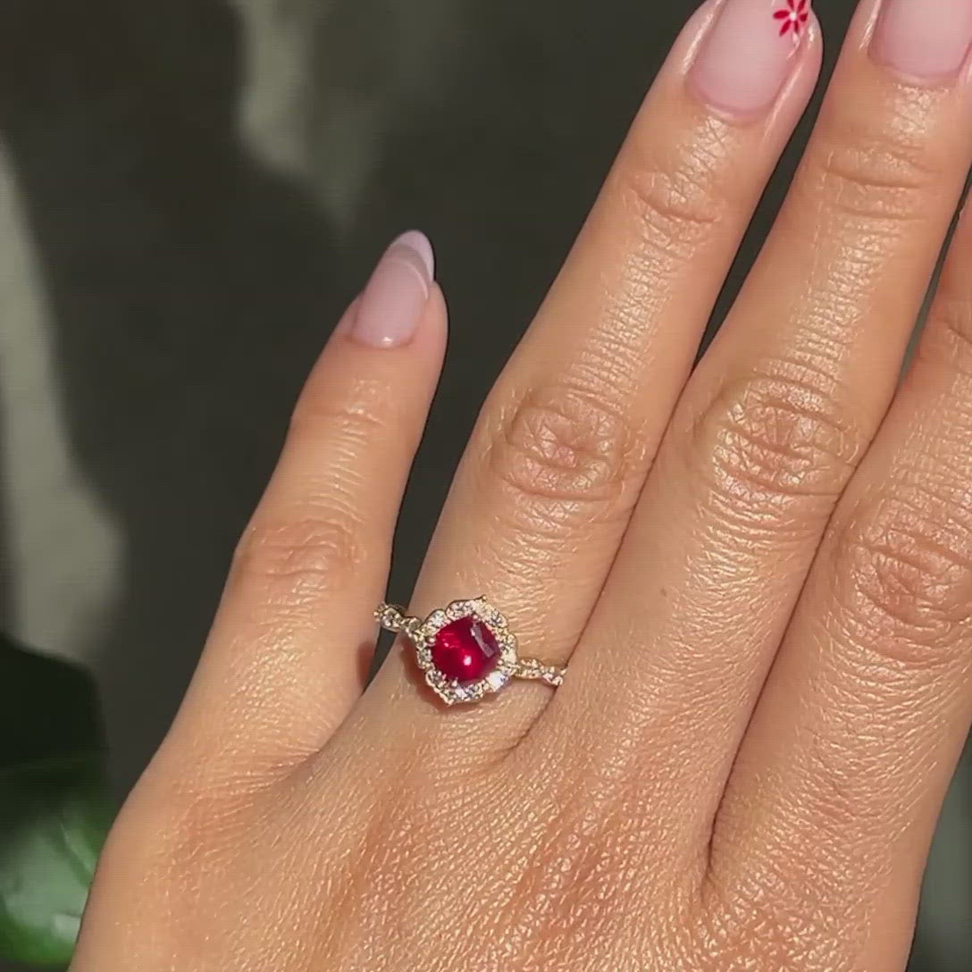 vintage inspired ruby engagement ring in yellow gold diamond band by la more design jewelry