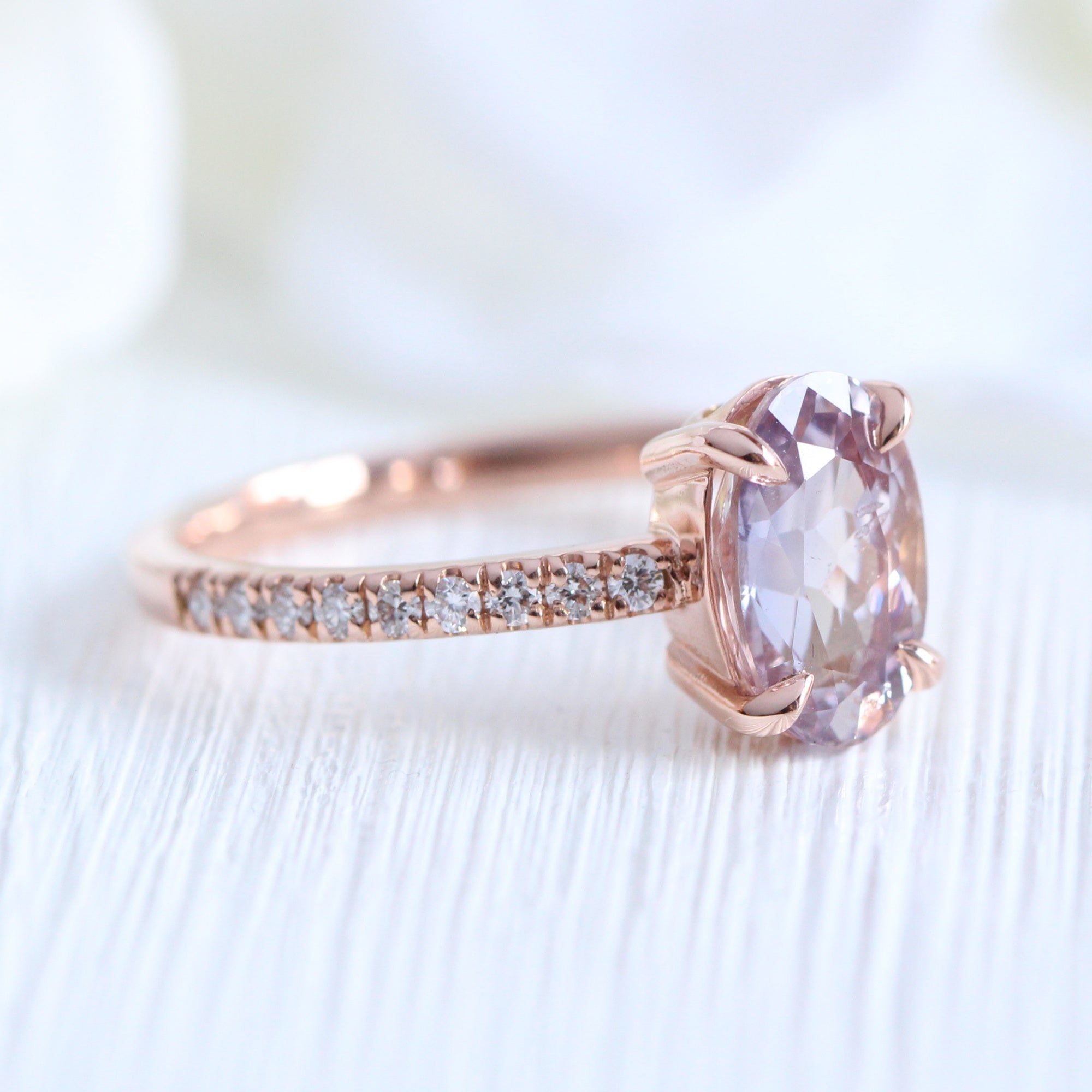 elongated oval lavender sapphire ring rose gold solitaire ring pave band la more design jewelry