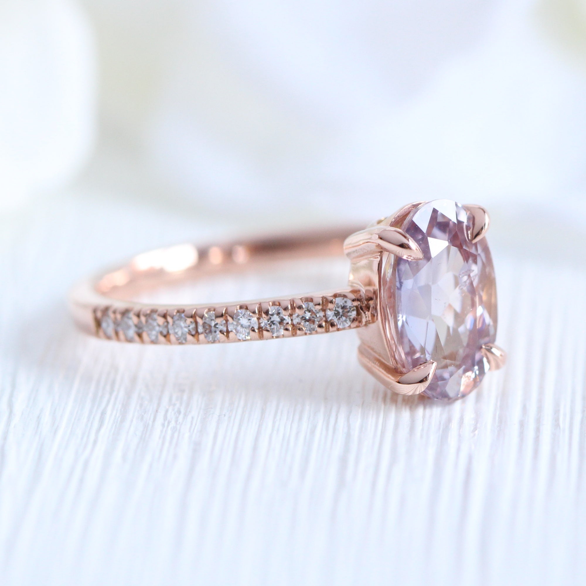 elongated oval lavender sapphire ring rose gold solitaire ring pave band la more design jewelry
