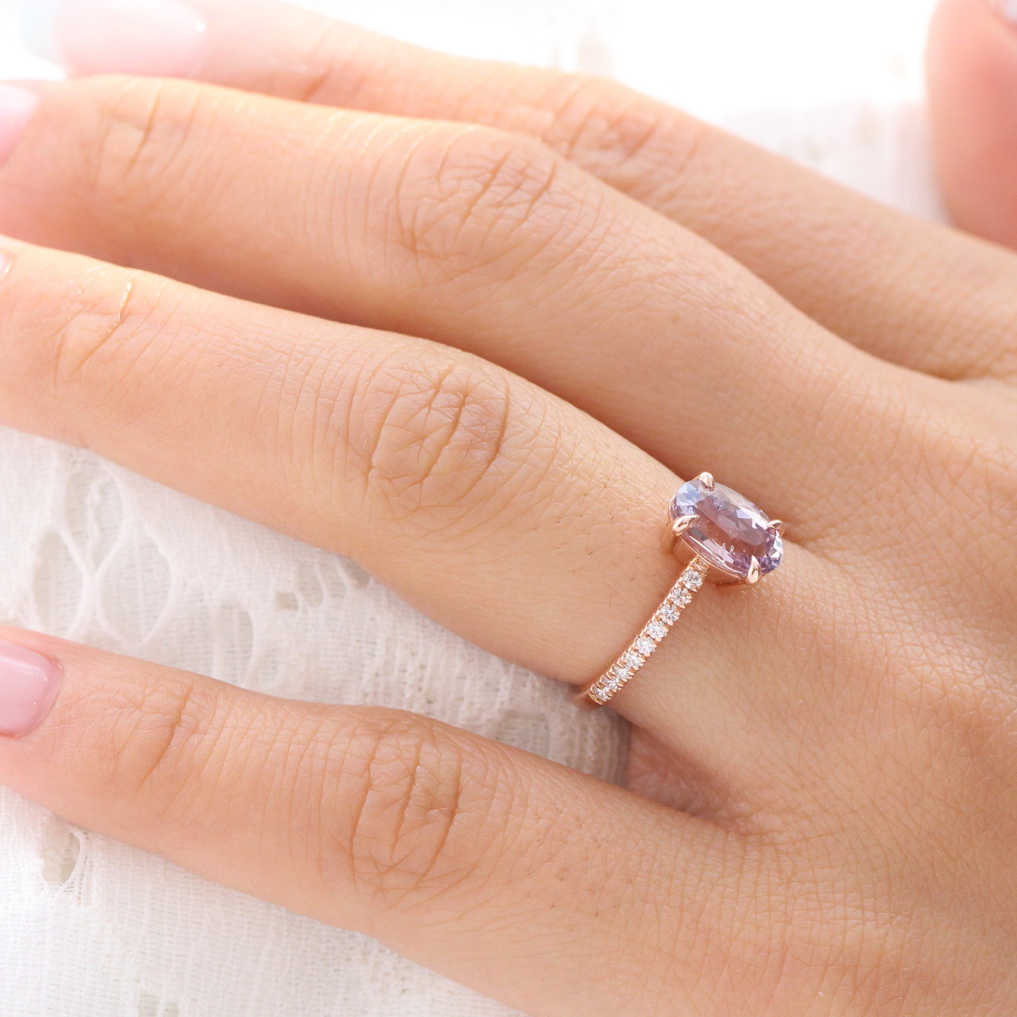 elongated oval lavender sapphire ring rose gold solitaire ring pave band la more design jewelry