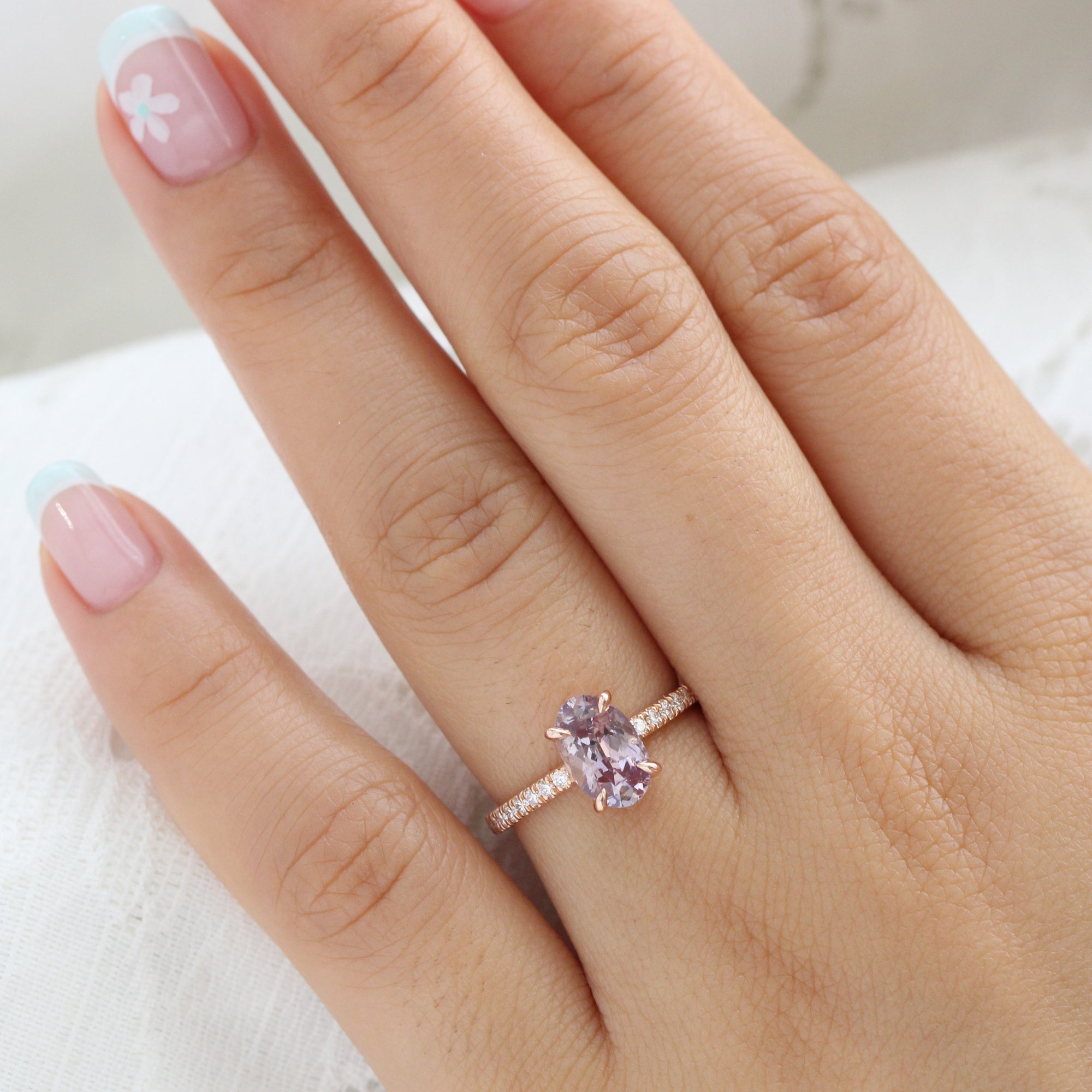 elongated oval lavender sapphire ring rose gold solitaire ring pave band la more design jewelry