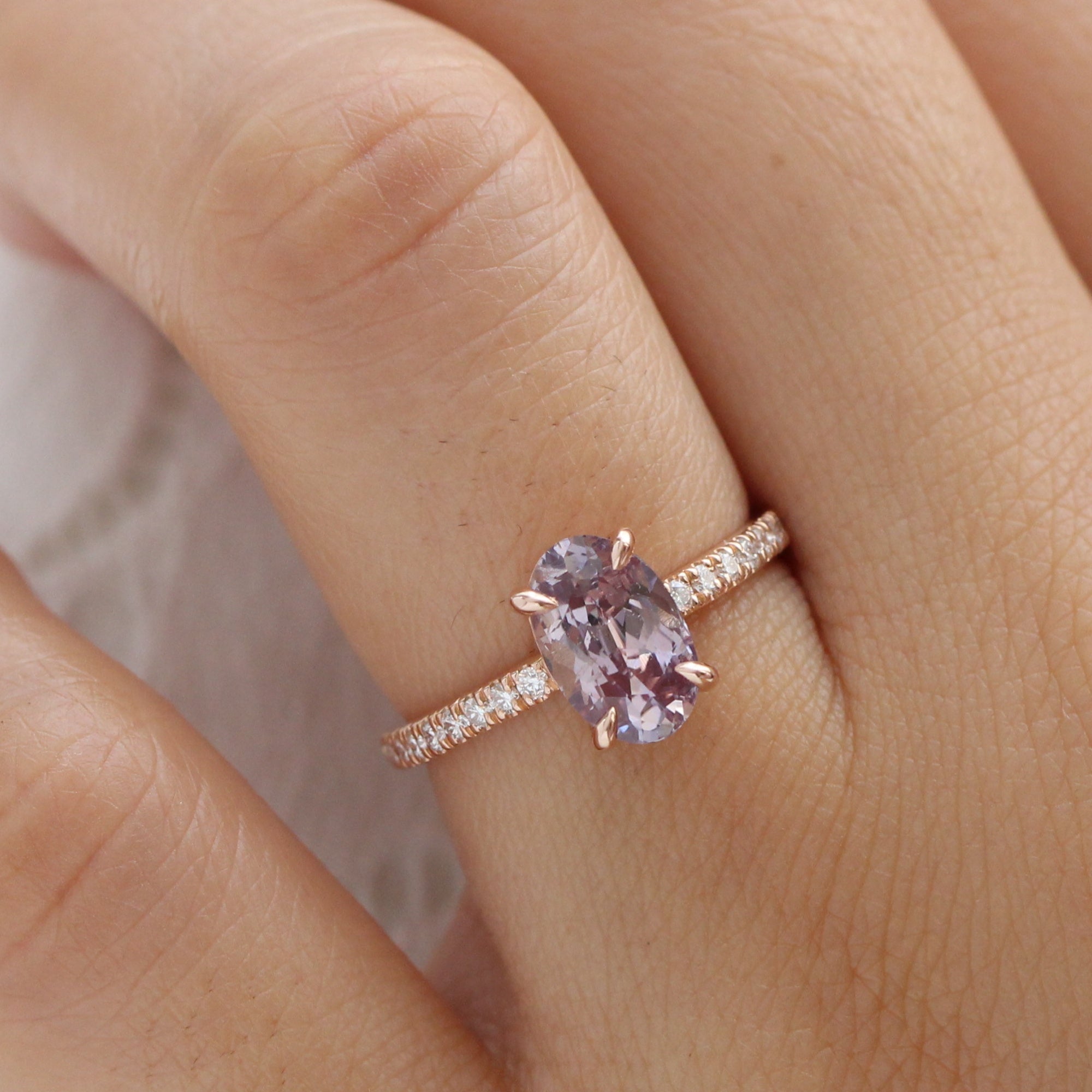 elongated oval lavender sapphire ring rose gold solitaire ring pave band la more design jewelry