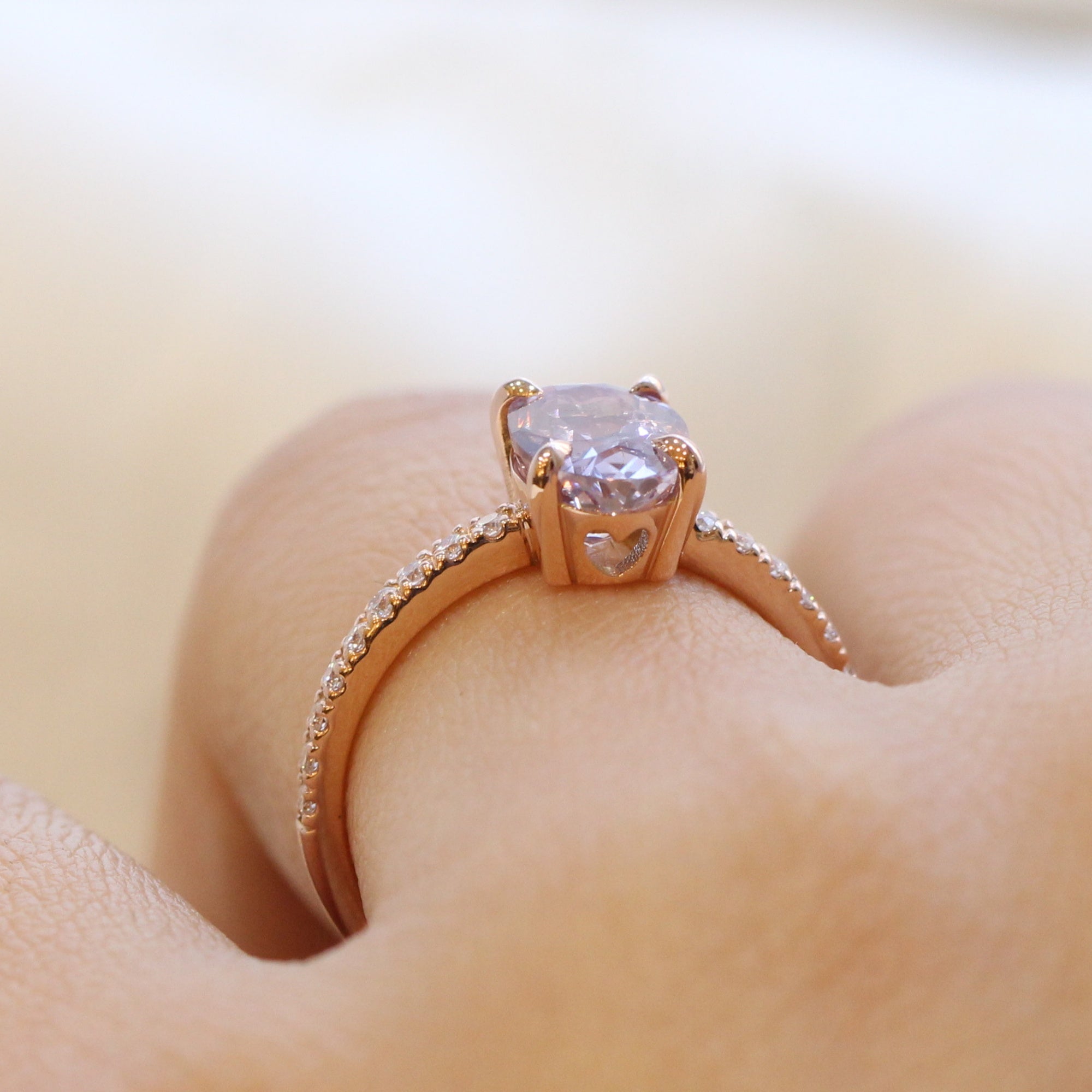 elongated oval lavender sapphire ring rose gold solitaire ring pave band la more design jewelry