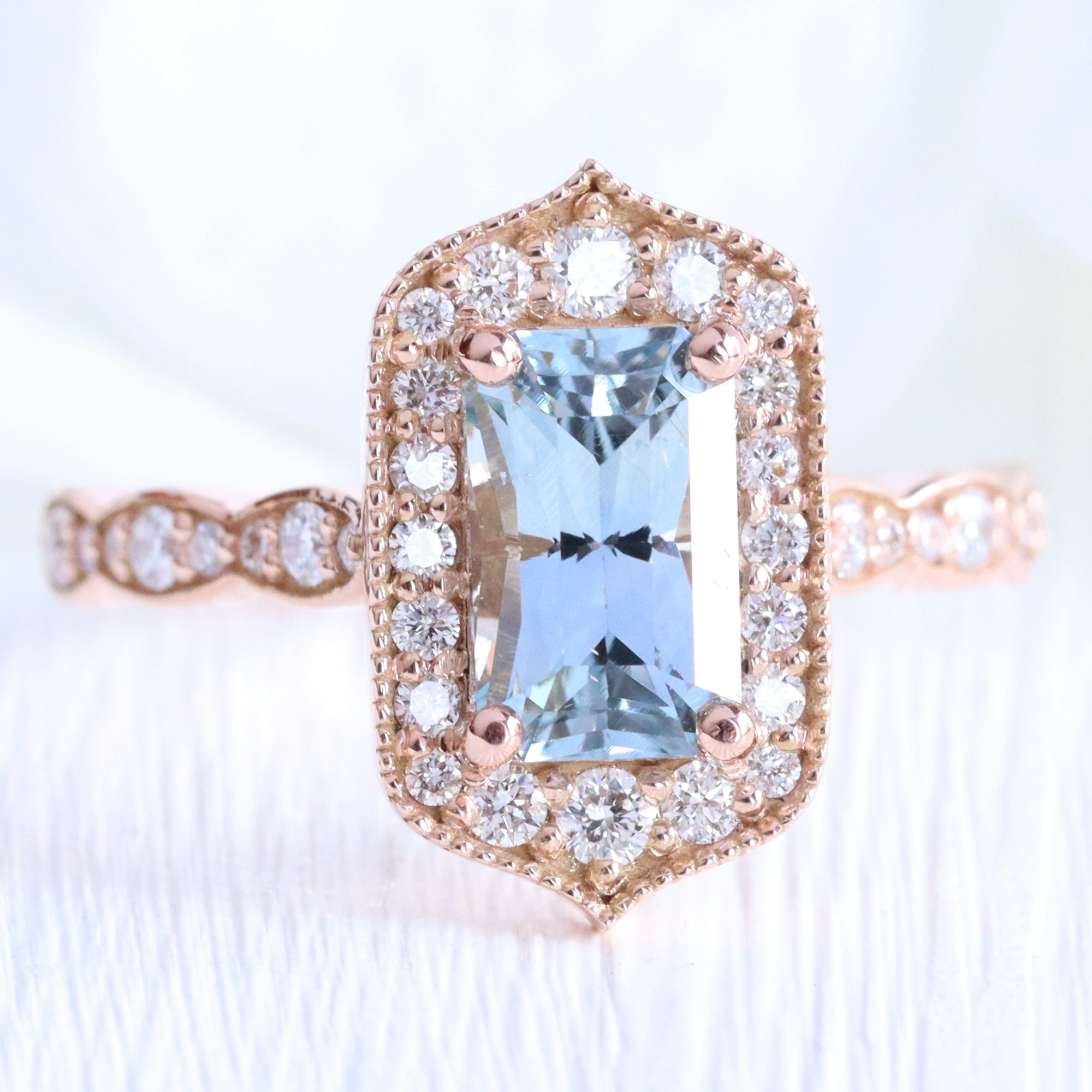 emerald cut aqua blue sapphire ring rose gold vintage halo diamond ring la more design jewelry