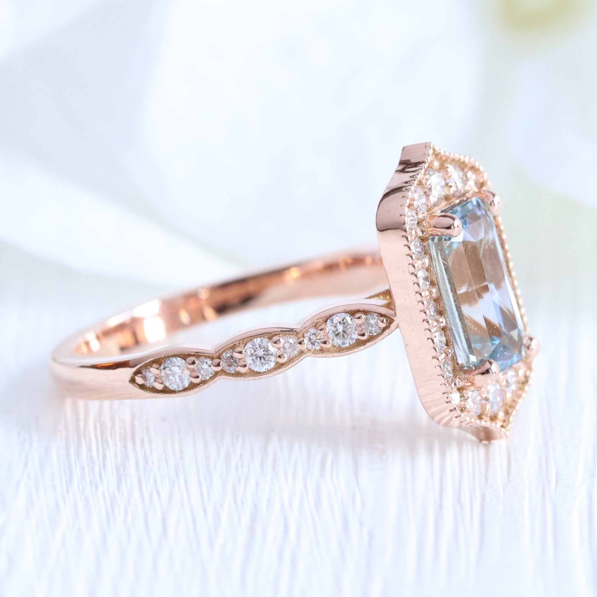 emerald cut aqua blue sapphire ring rose gold vintage halo diamond ring la more design jewelry