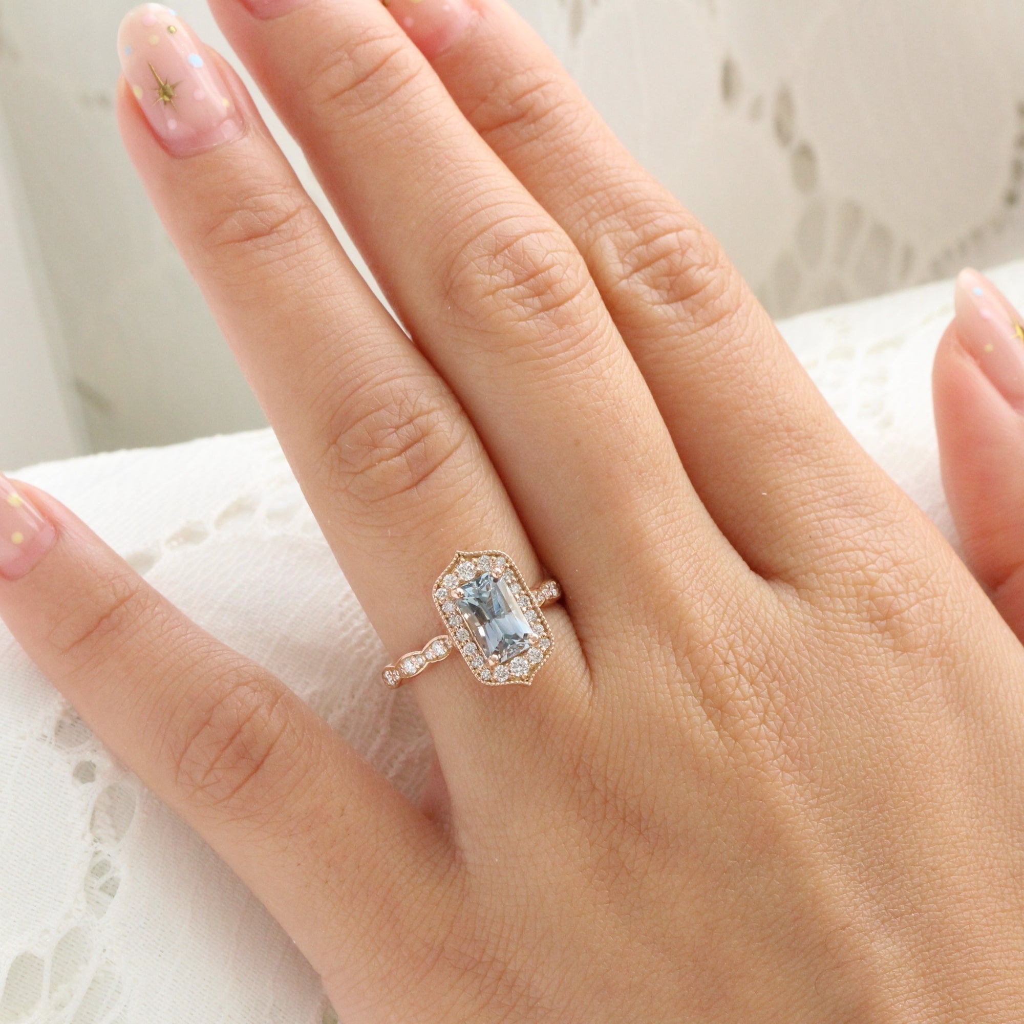 emerald cut aqua blue sapphire ring rose gold vintage halo diamond ring la more design jewelry