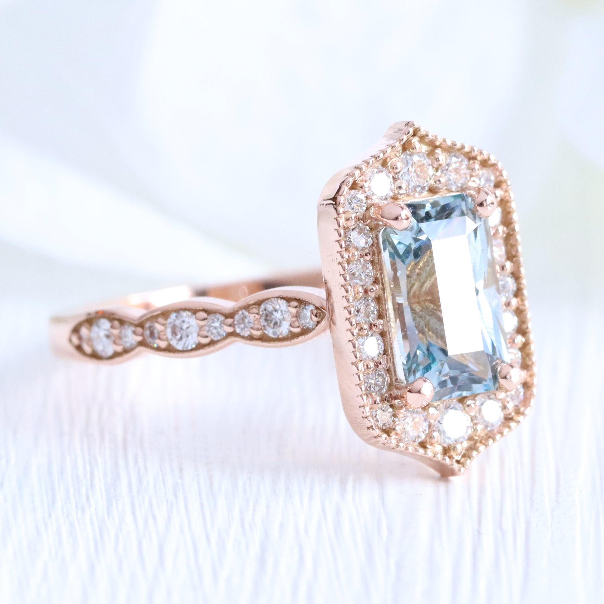 emerald cut aqua blue sapphire ring rose gold vintage halo diamond ring la more design jewelry