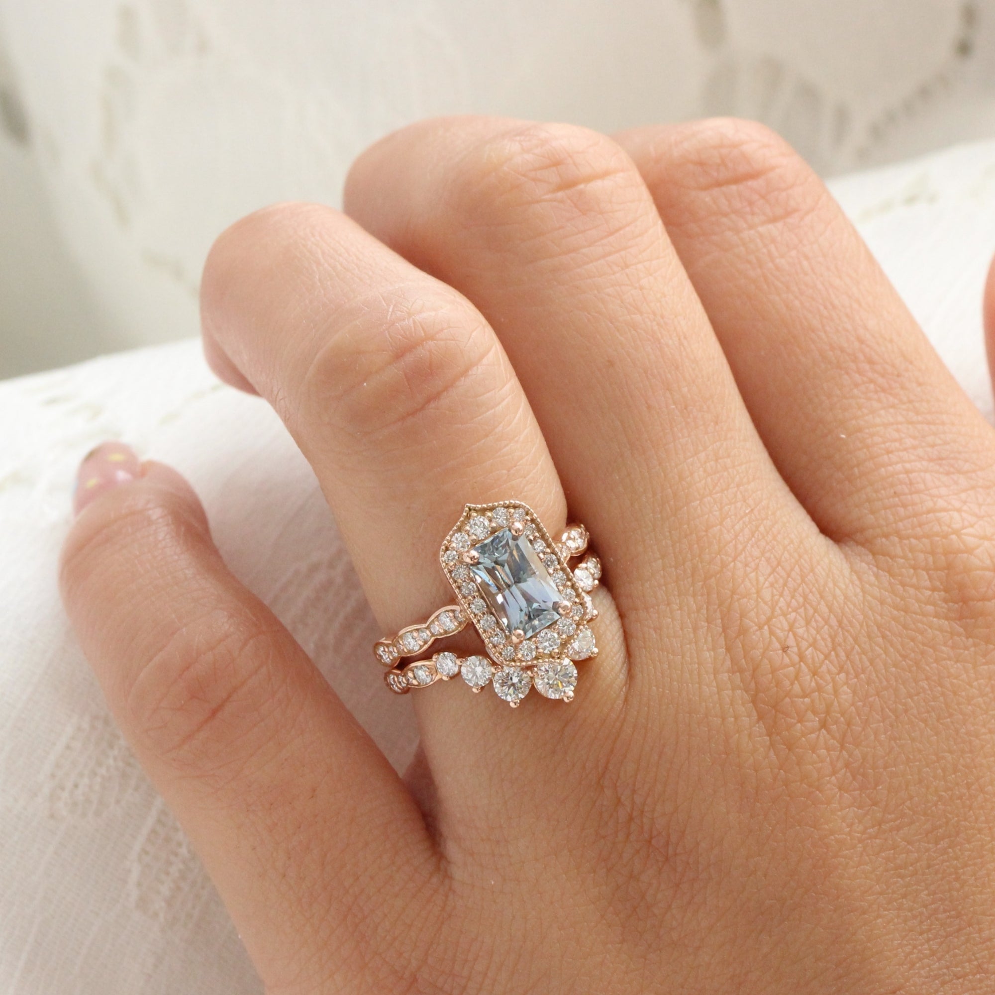 emerald cut aqua blue sapphire ring rose gold vintage halo diamond ring la more design jewelry