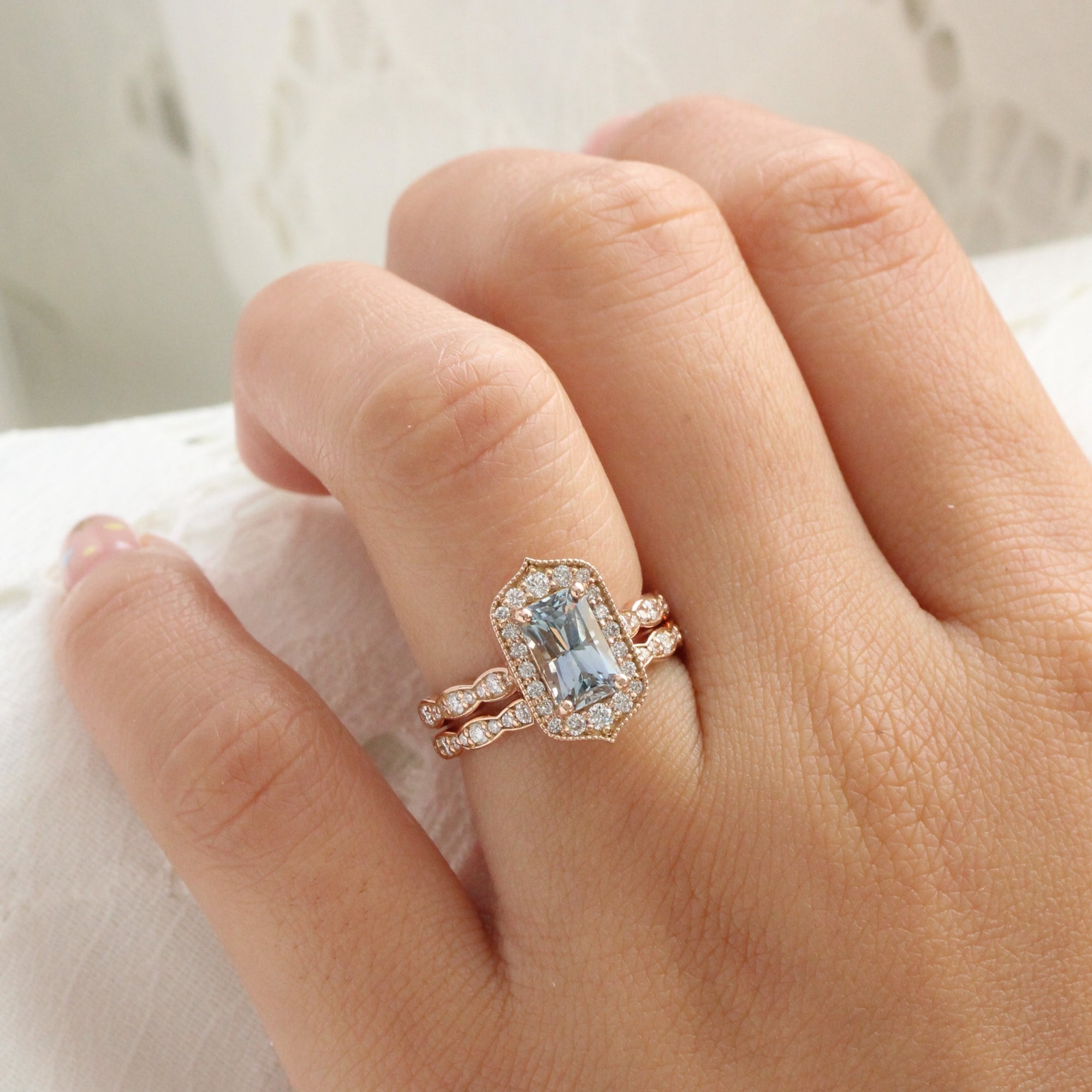 emerald cut aqua blue sapphire ring rose gold vintage halo diamond ring la more design jewelry