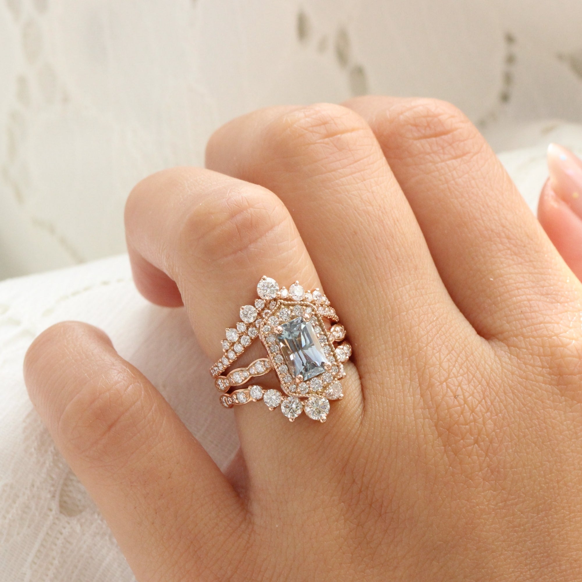emerald cut aqua blue sapphire ring rose gold vintage halo diamond ring la more design jewelry