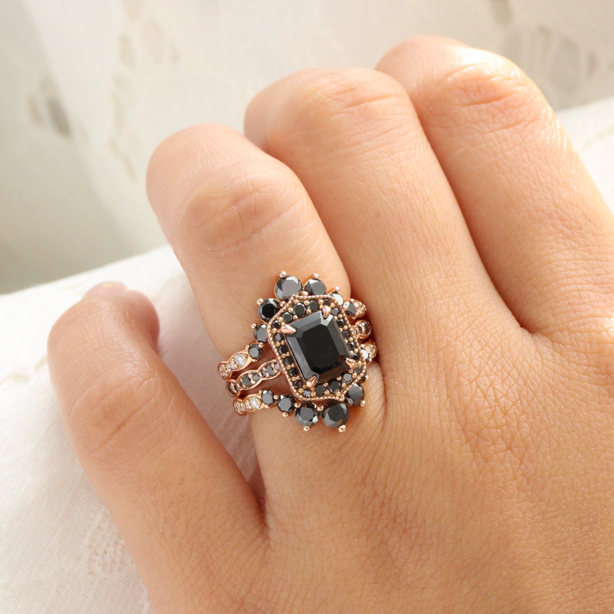 Emerald Cut Black Diamond Engagement Ring Rose Gold Vintage Halo