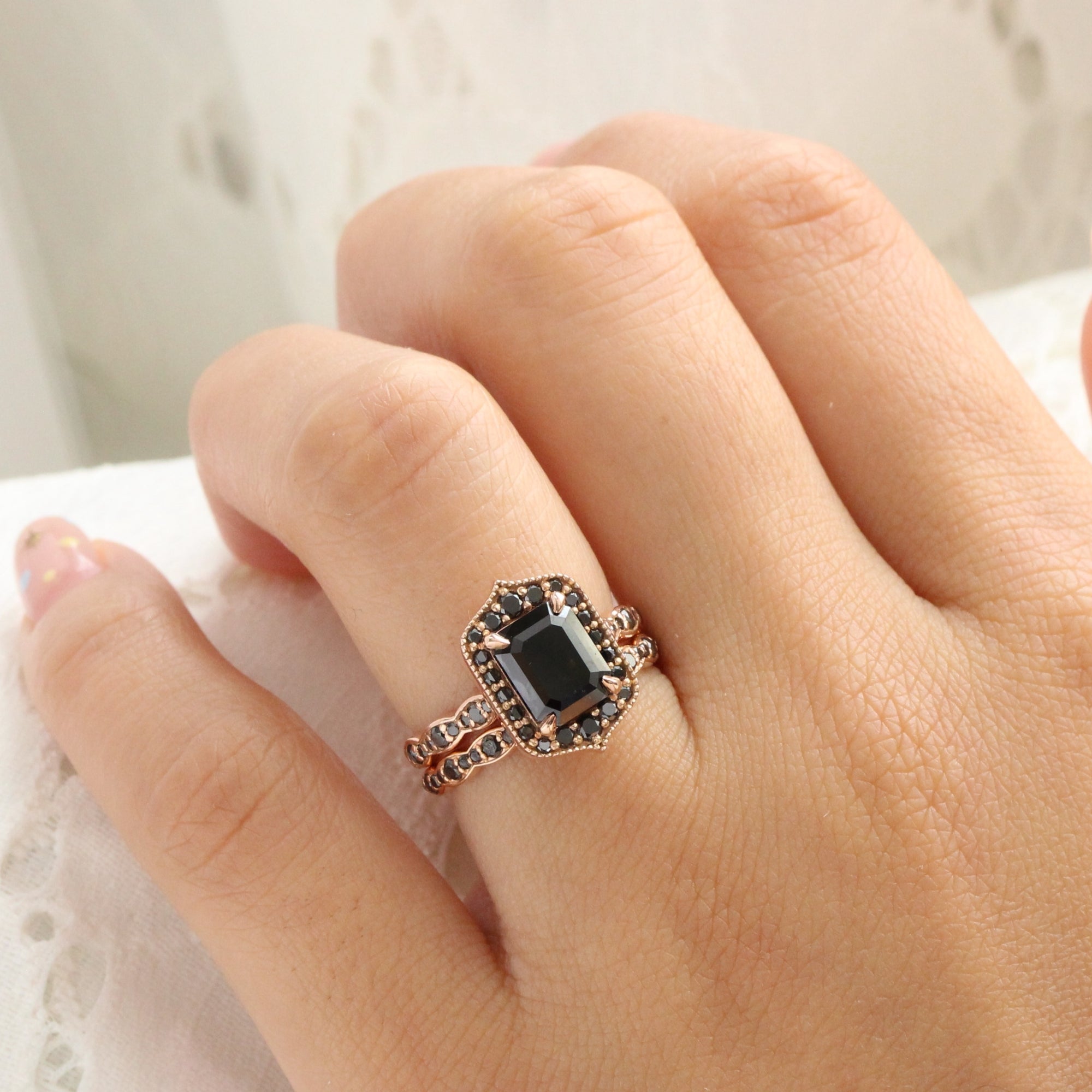 Emerald Cut Black Diamond Engagement Ring Rose Gold Vintage Halo