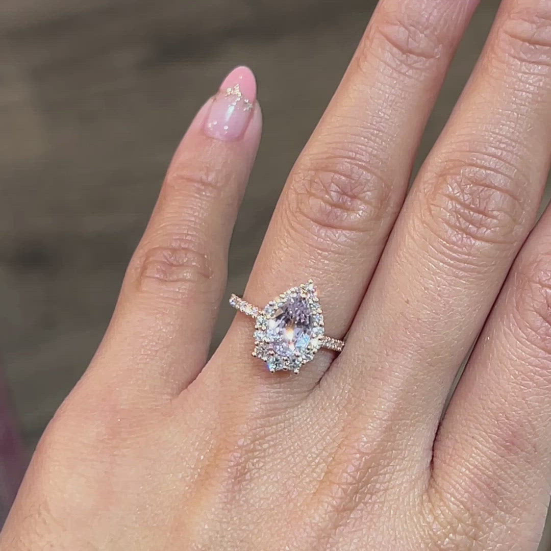 lavender sapphire ring rose gold halo diamond pear ring la more design jewelry