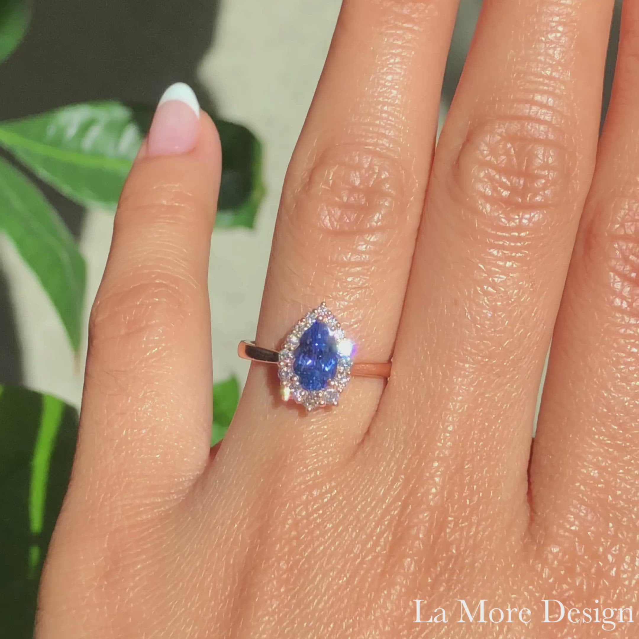 1.68 Ct Pear Ceylon Blue Sapphire Ring in 14k Rose Gold Tiara Halo Diamond, Size 6.25