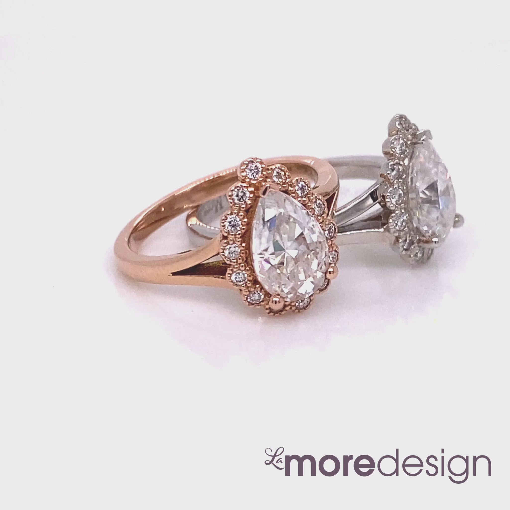Pear forever one moissanite ring in white gold and rose gold vintage halo diamond band by la more design