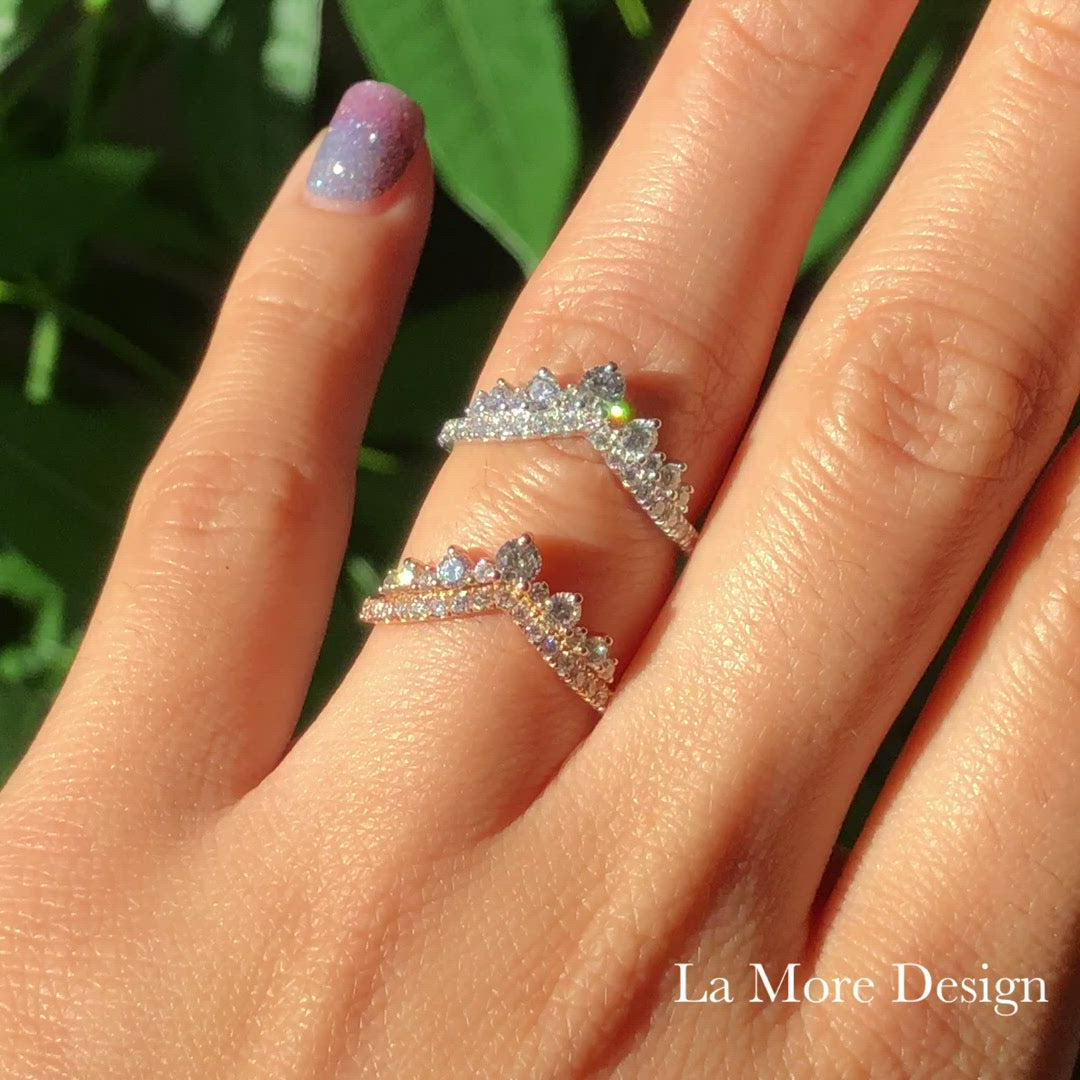 Large Tiara Diamond Wedding Ring Gold V Shaped Pave Band
