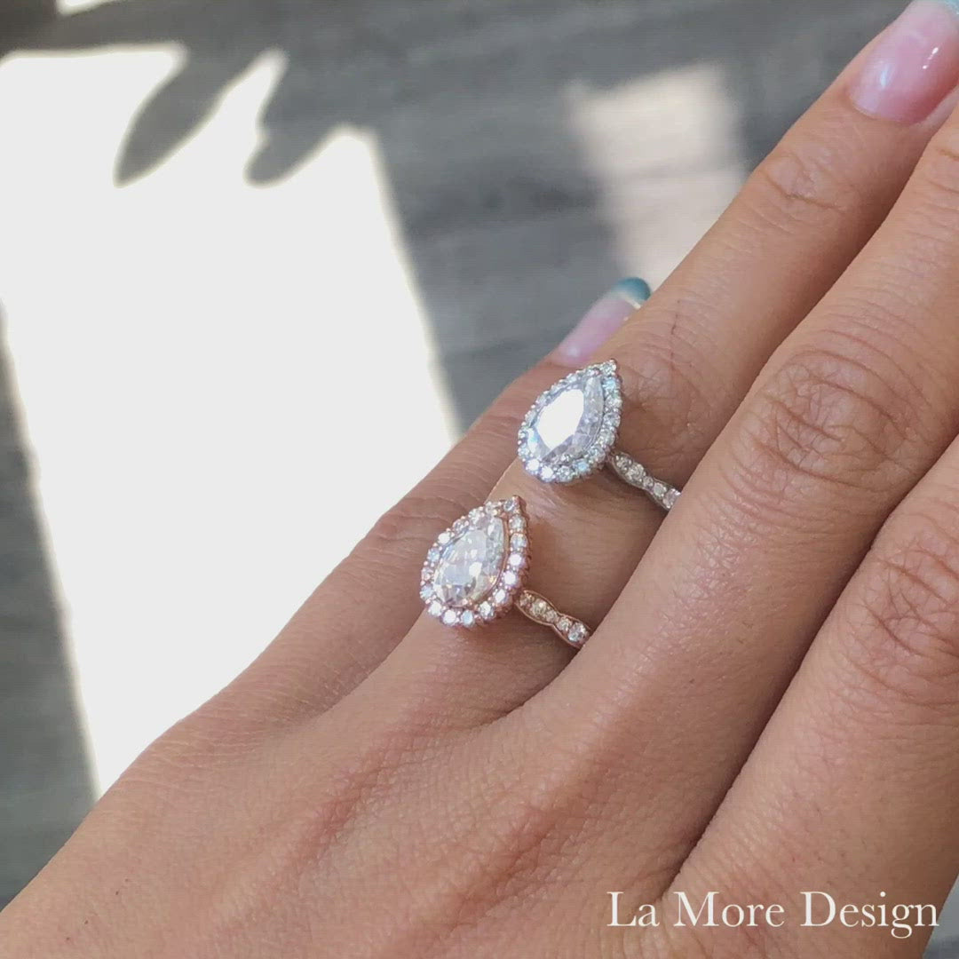 Halo diamond pear moissanite engagement ring in rose gold scalloped band by la more design jewelry