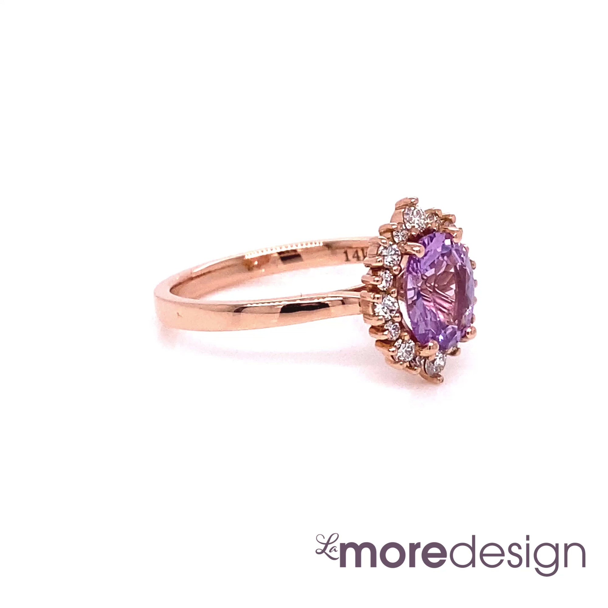 Timelessly elegant lavender sapphire engagement ring is crafted in a 14k rose gold Tiara Halo Diamond ring setting with a 1.35-carat oval cut natural sapphire center ~ the total gemstone and diamond weight of the whole ring is 1.65 ct.tw.  This one of a kind sapphire ring is perfect for brides looking for non-traditional engagement rings. All our wedding bands can pair beautifully with this gorgeous halo diamond sapphire ring!