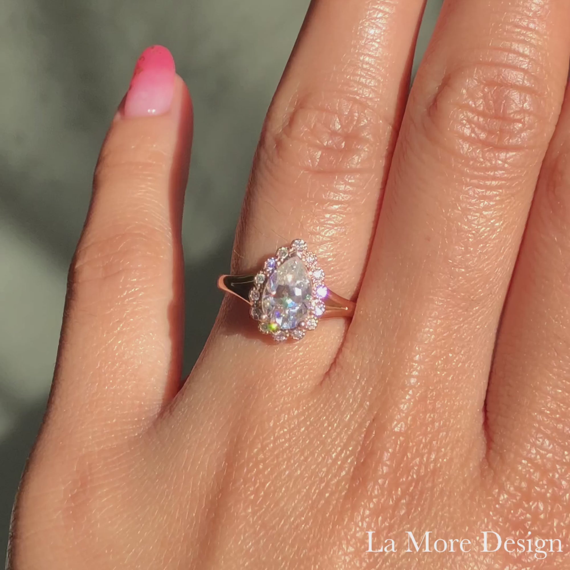 pear moissanite vintage halo engagement ring split shank band rose gold by la more design