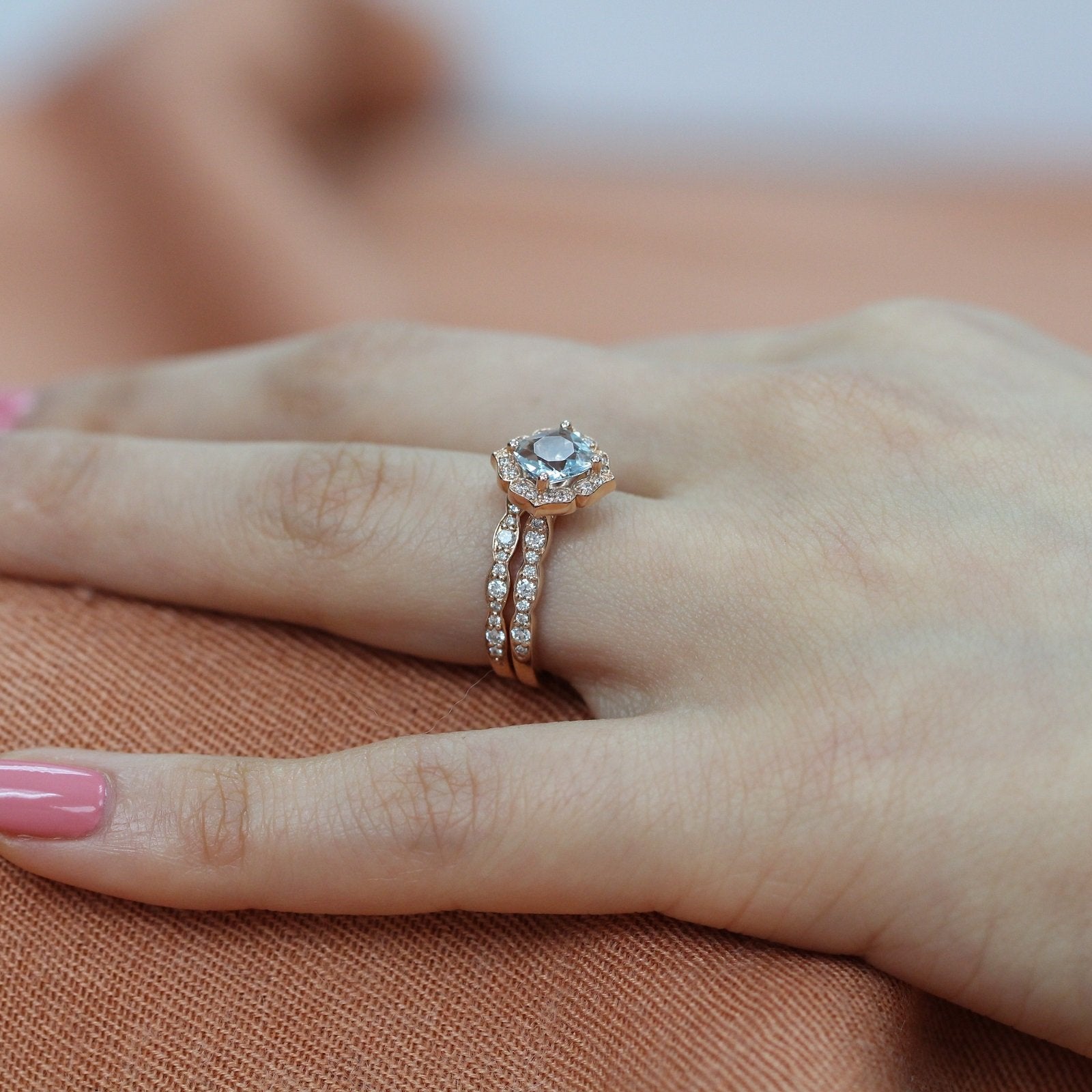 rose gold aquamarine engagement ring bridal set diamond vintage floral wedding ring set by la more design
