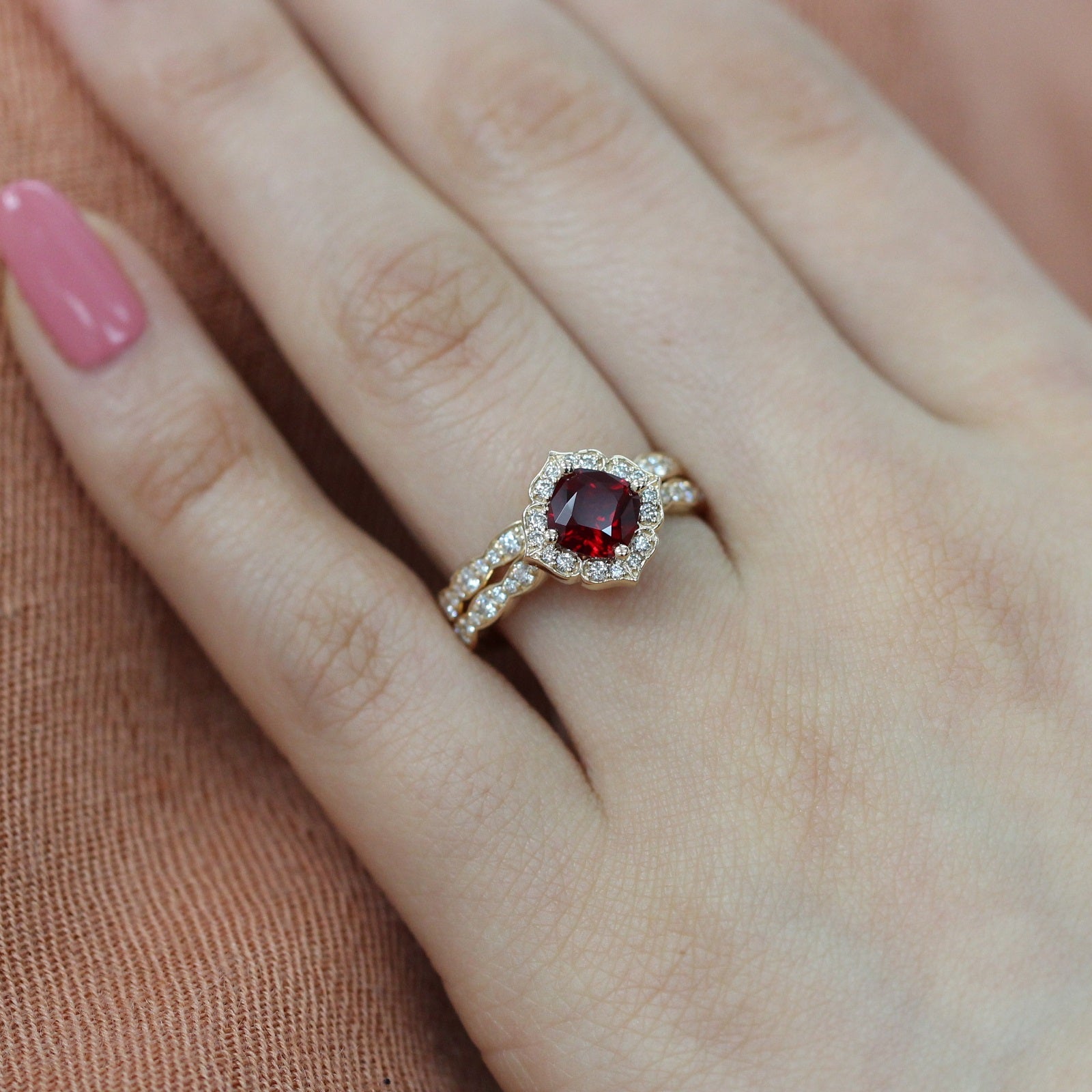 Mini Vintage Floral Cushion Ruby Ring w/ Diamonds in the Scalloped Band