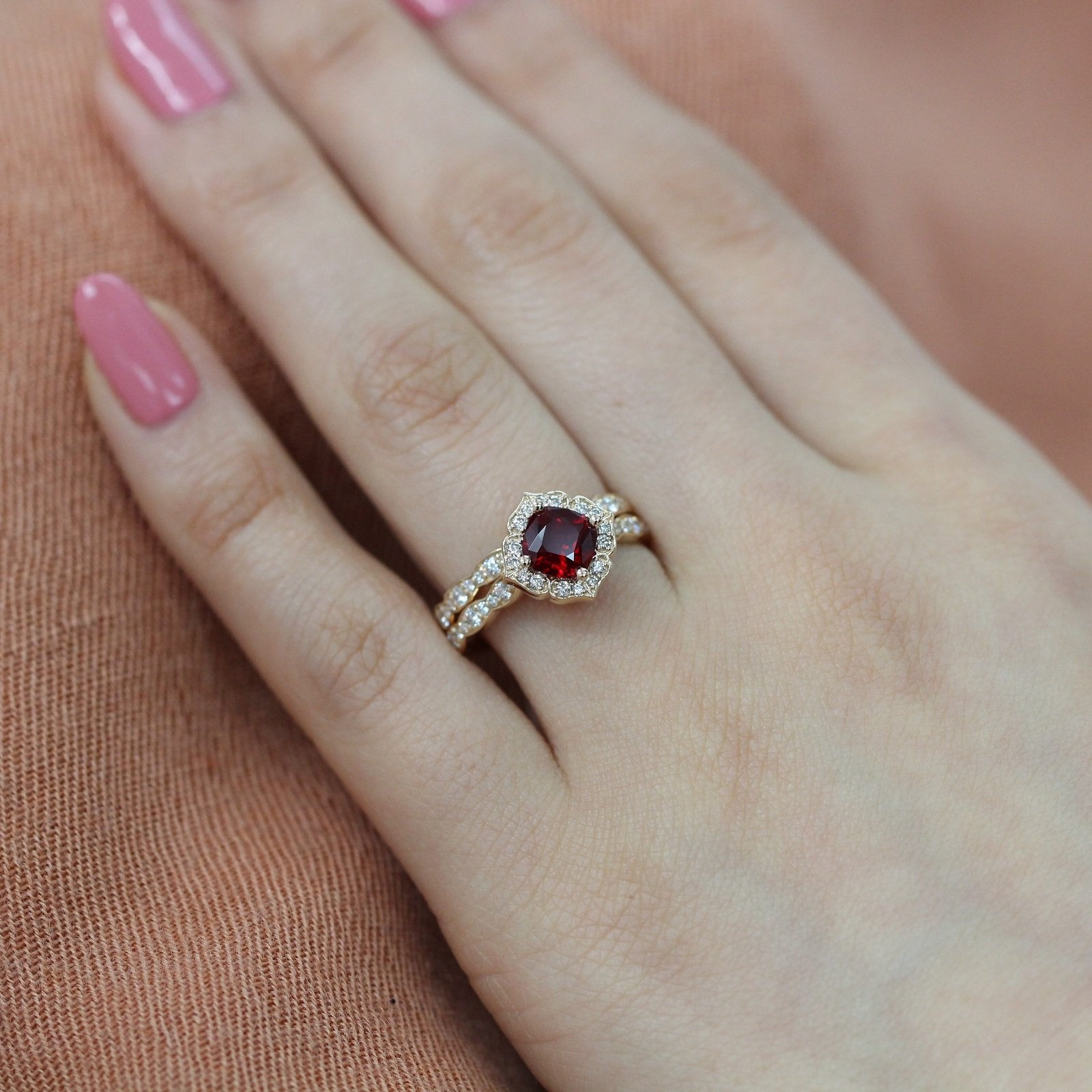 floral ruby engagement ring bridal set yellow gold scalloped band by la more design