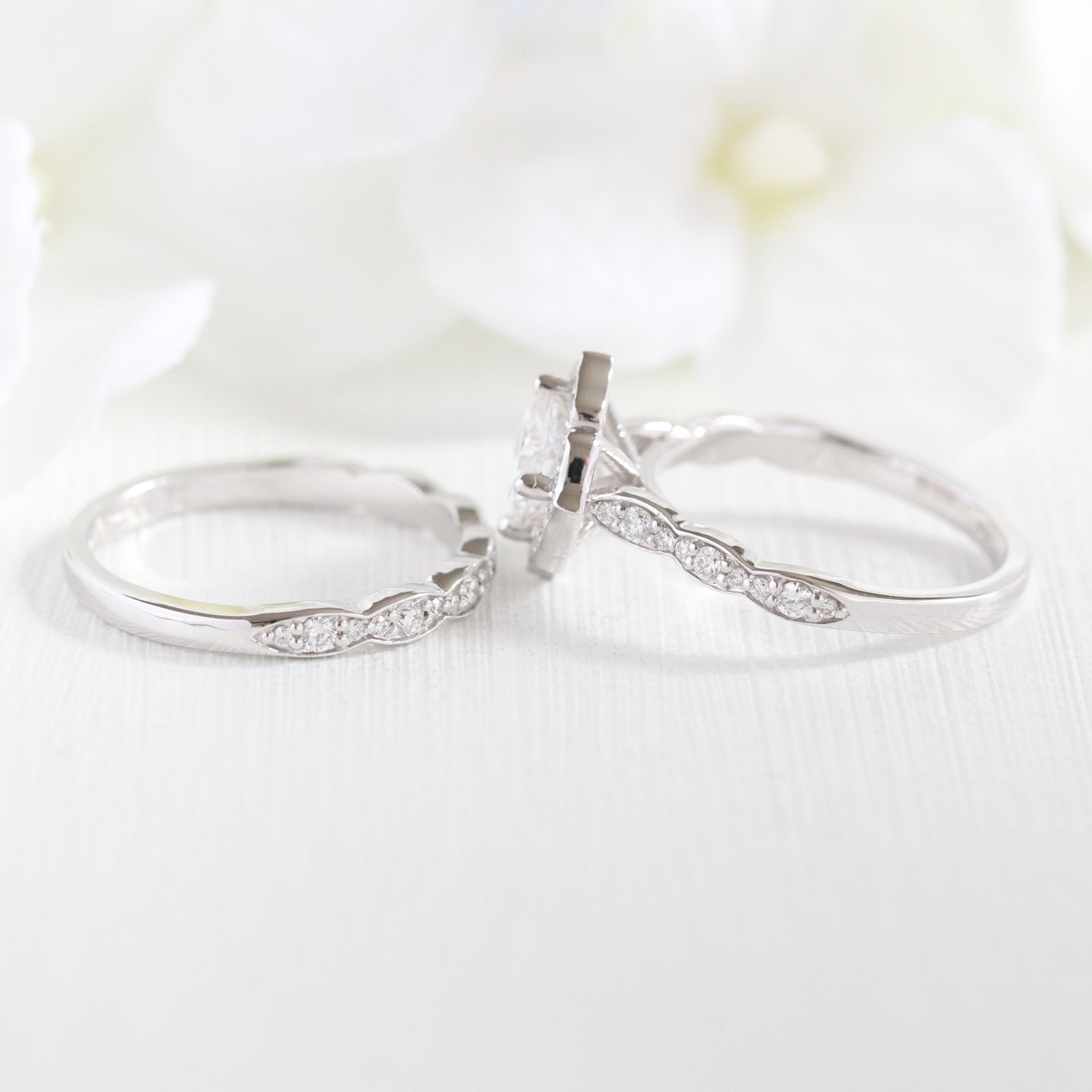 Mini Vintage Floral Ring Bridal Set w/ Moissanite and Matching Diamond Band