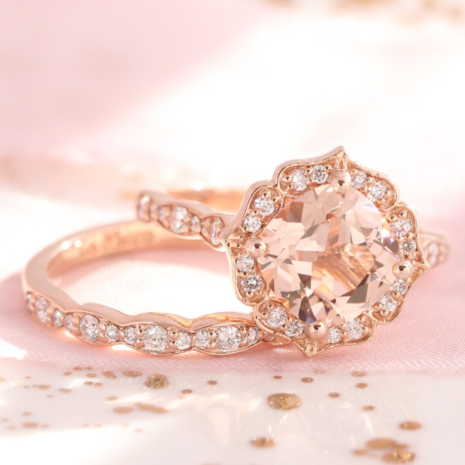 Large morganite ring rose gold matching diamond wedding ring stack la more design jewelry