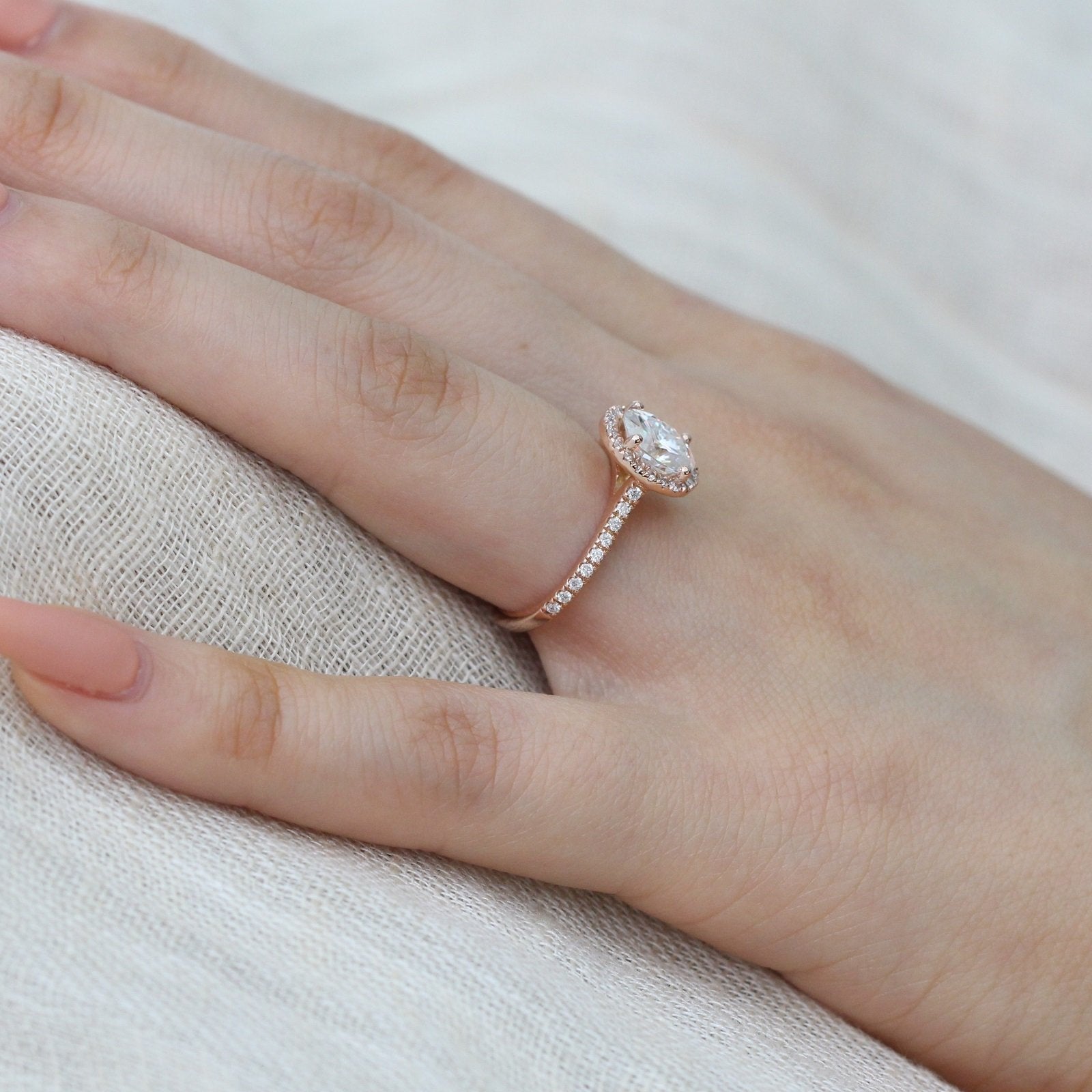 forever one moissanite ring rose gold halo diamond engagement ring by la more design