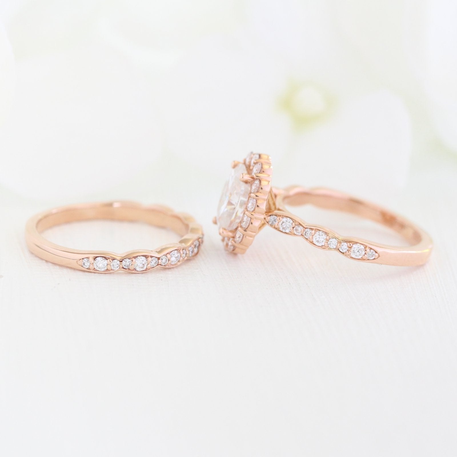 forever one moissanite ring bridal set in rose gold halo diamond ring by la more design