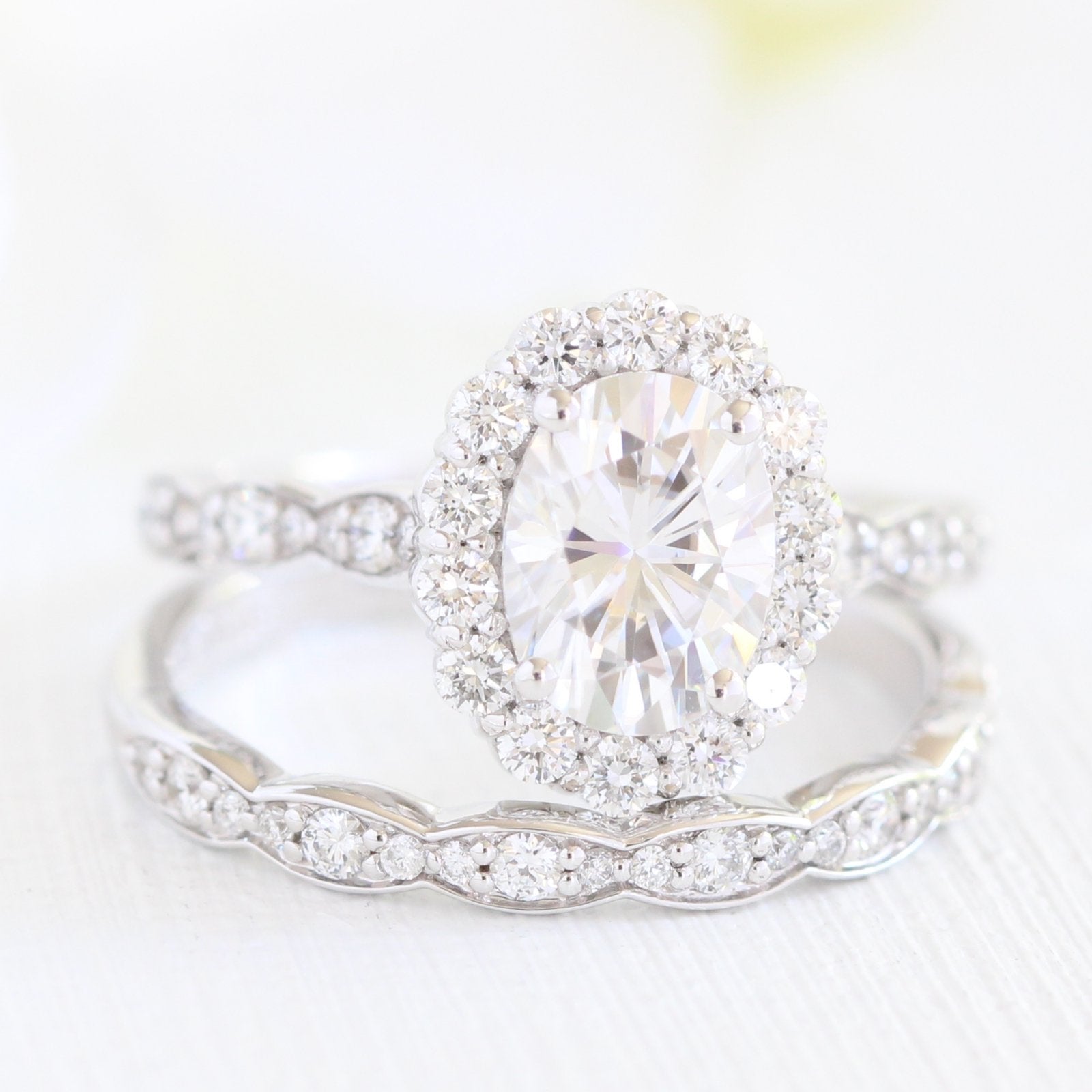 forever one moissanite ring bridal set in white gold halo diamond ring by la more design