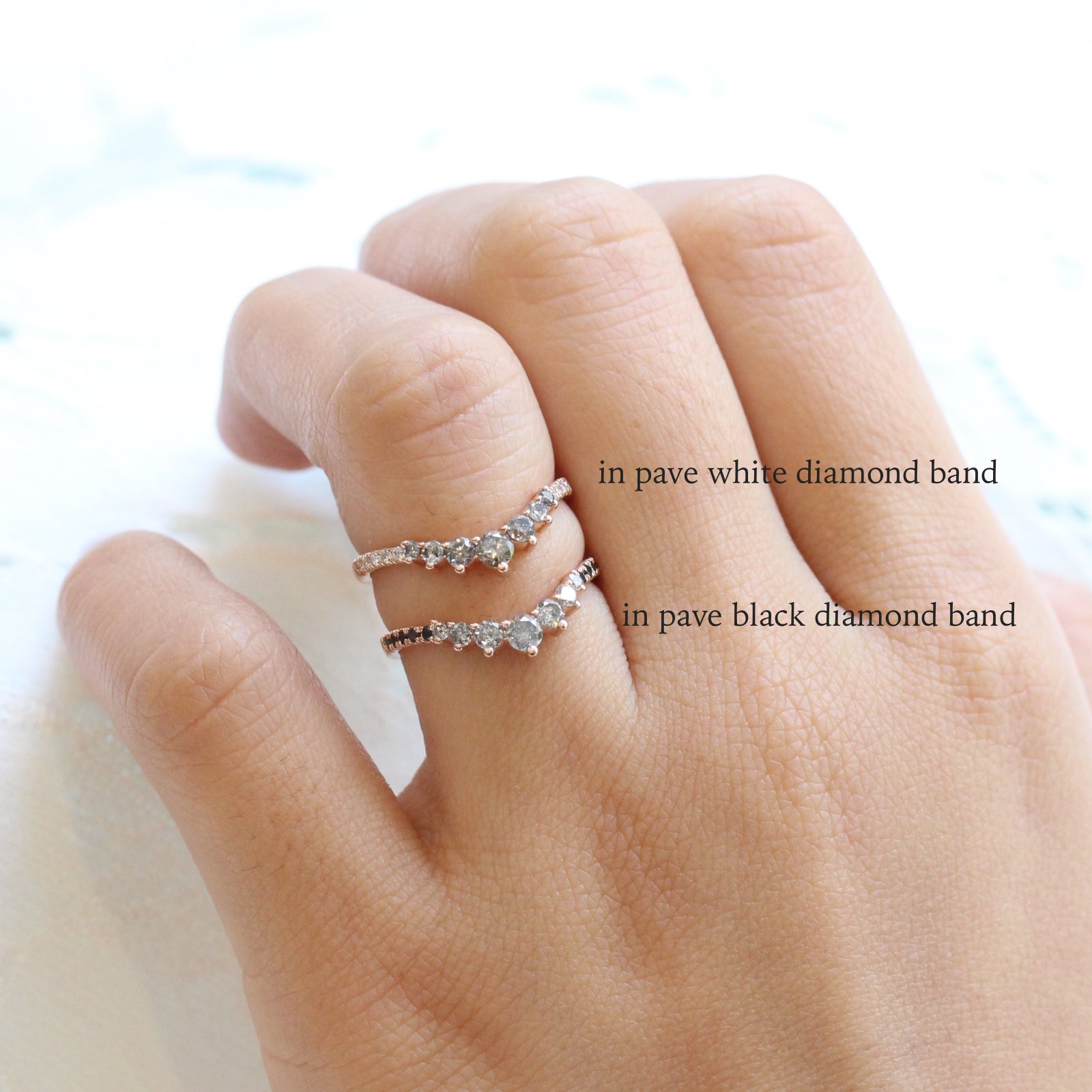 grey salt and pepper diamond wedding ring in rose gold curved pave black diamond band by la more design jewelry