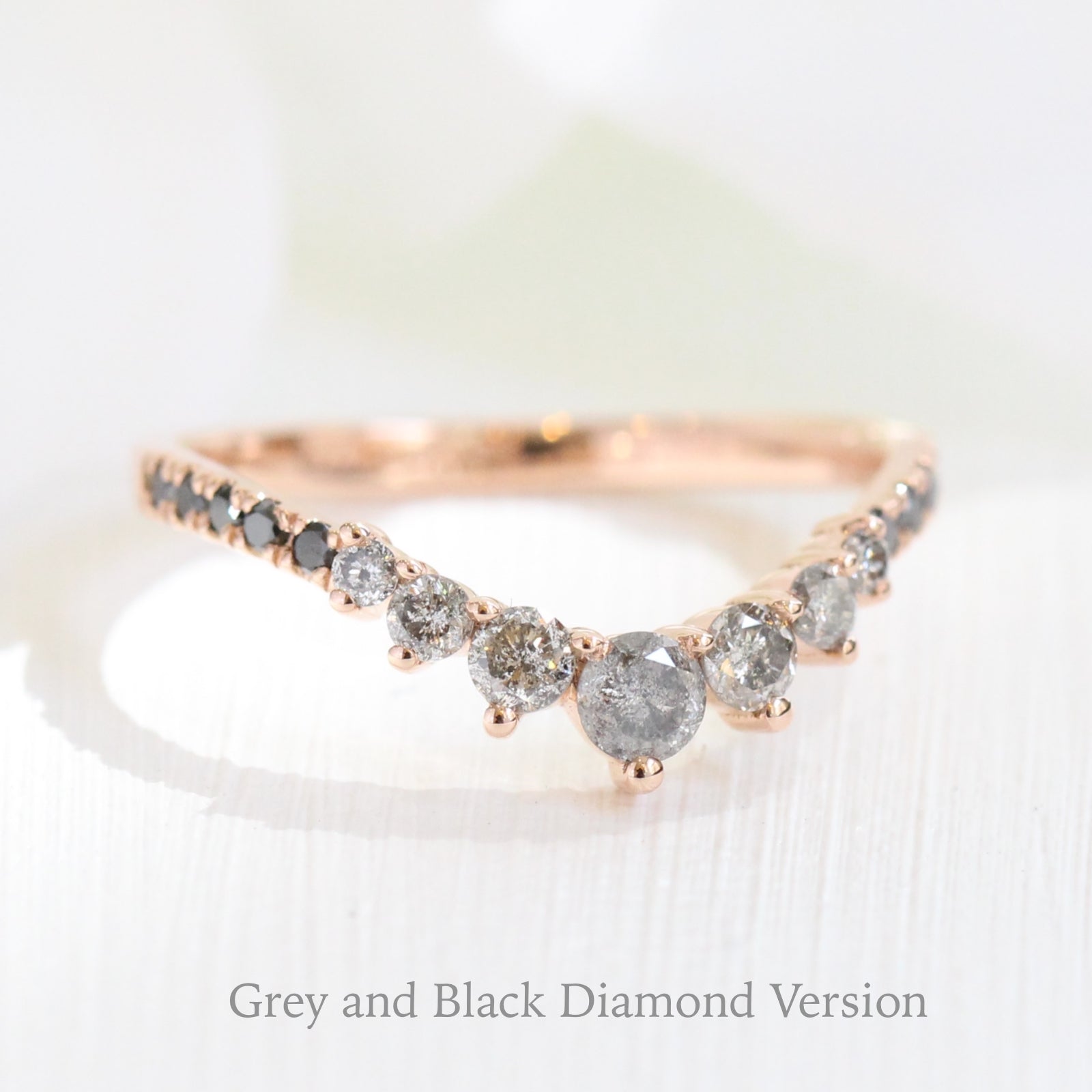 grey salt and pepper diamond wedding ring in rose gold curved pave black diamond band by la more design jewelry
