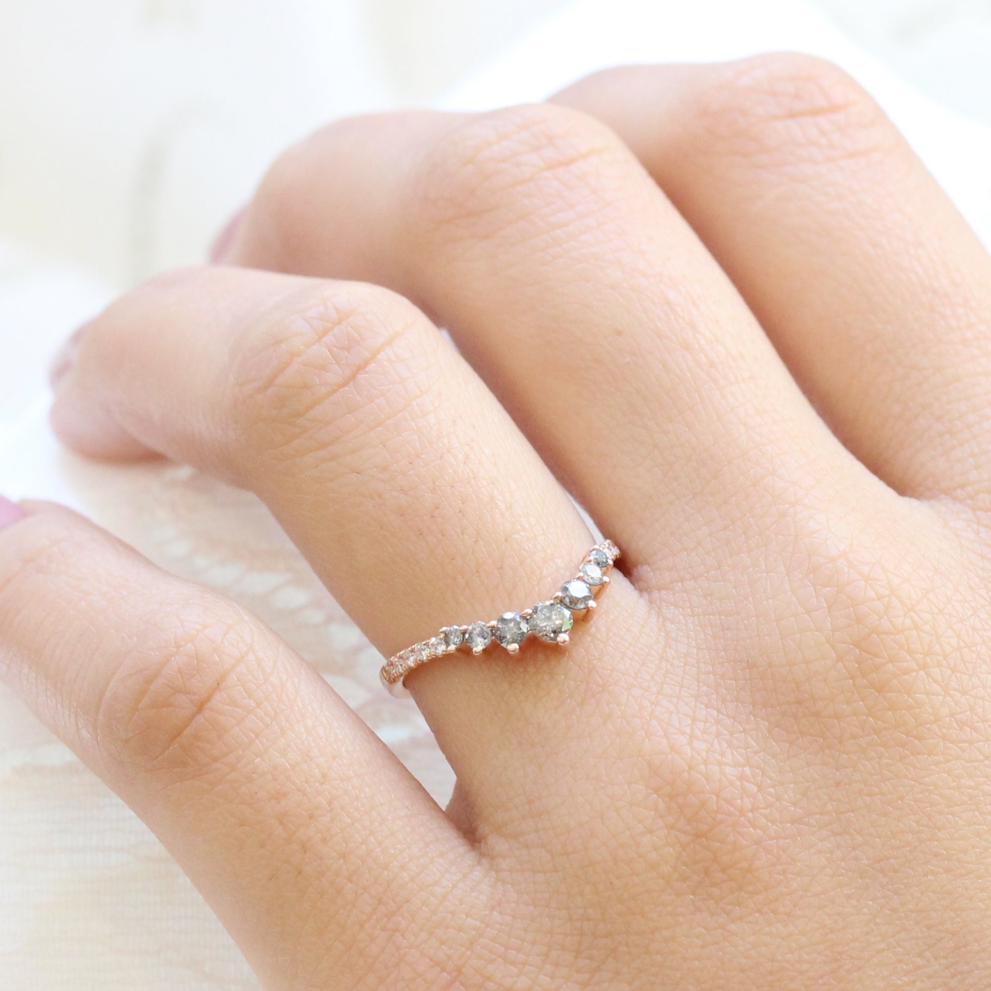 7 Salt and Pepper Diamond Ring in Rose Gold U Shaped Pave Diamond Band
