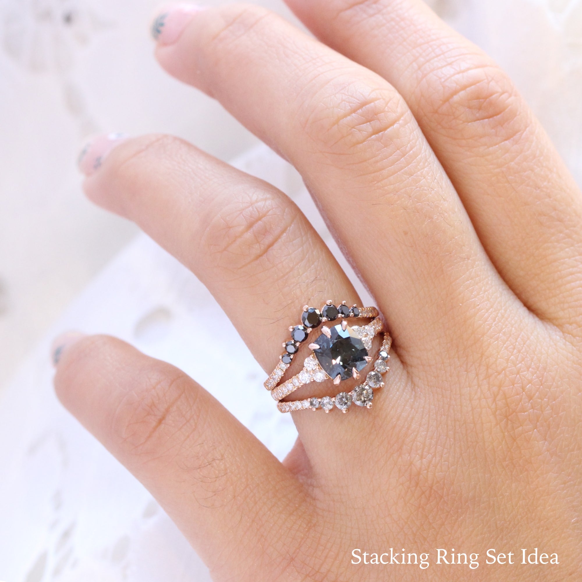 grey spinel ring rose gold cushion cut engagement ring 3 stone grey diamond ring bridal set la more design jewelry