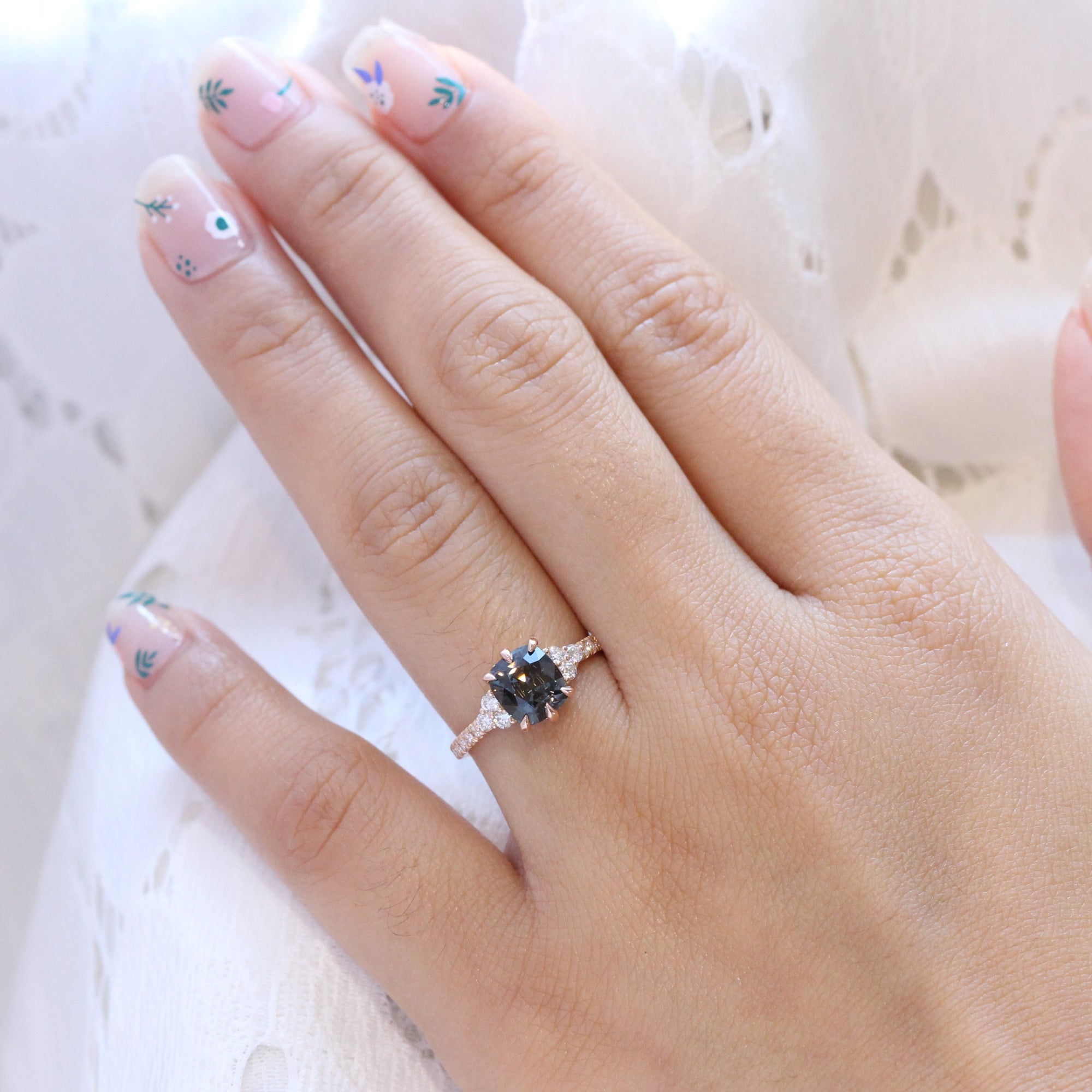 grey spinel ring rose gold cushion cut engagement ring 3 stone grey diamond ring la more design jewelry