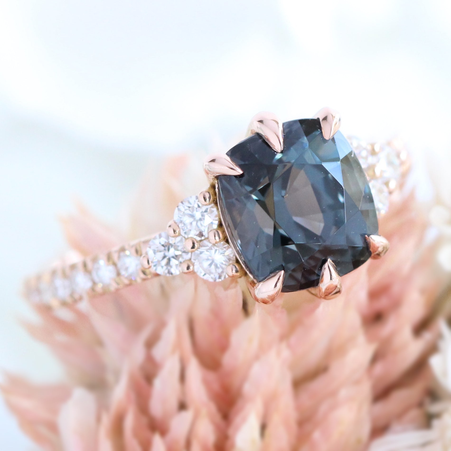 Grey Spinel Ring 14k Rose Gold Three Stone Diamond Engagement