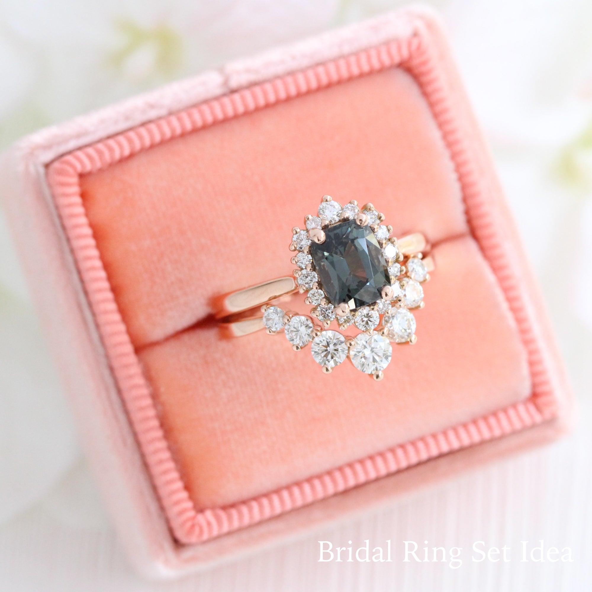 grey spinel ring rose gold cushion salt and pepper diamond ring halo engagement ring bridal set la more design jewelry