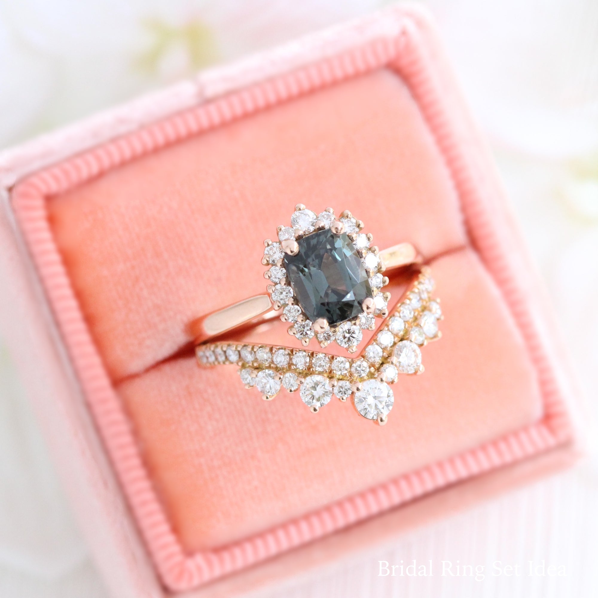grey spinel ring rose gold cushion salt and pepper diamond ring halo engagement ring bridal set la more design jewelry