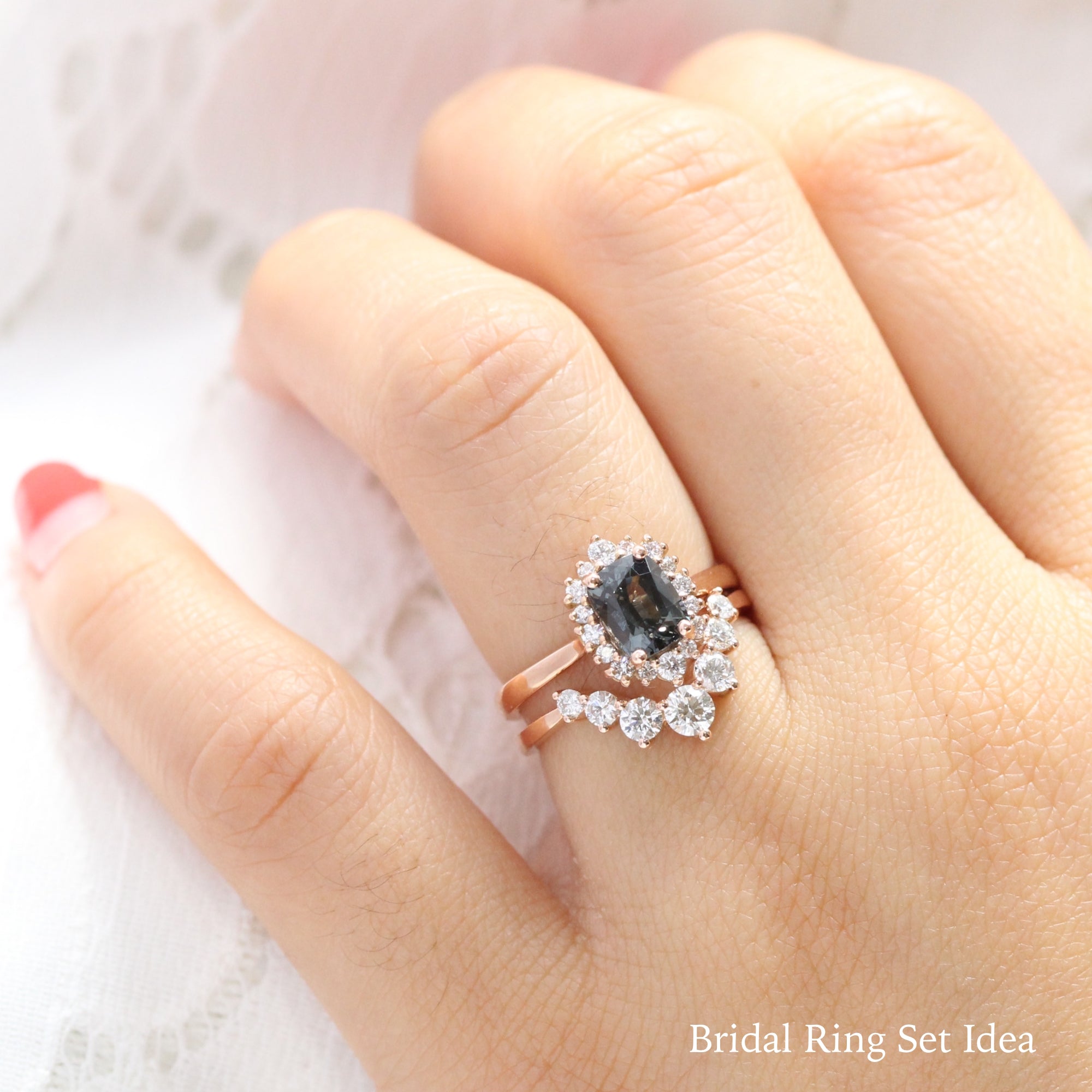 grey spinel ring rose gold cushion salt and pepper diamond ring halo engagement ring bridal set la more design jewelry