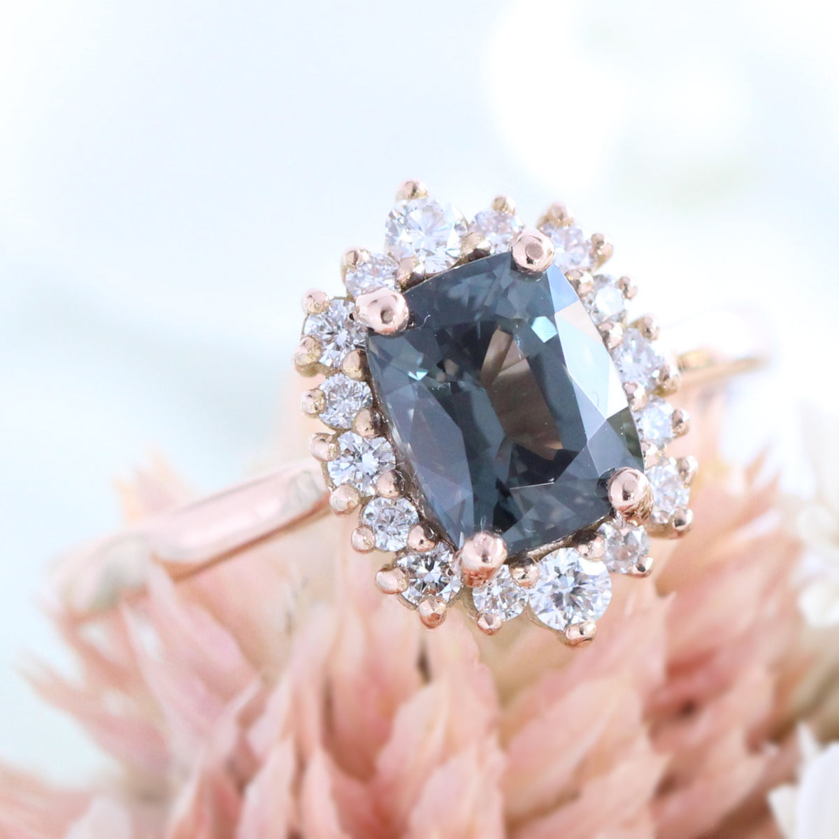 grey spinel ring rose gold cushion salt and pepper diamond ring halo engagement ring la more design jewelry