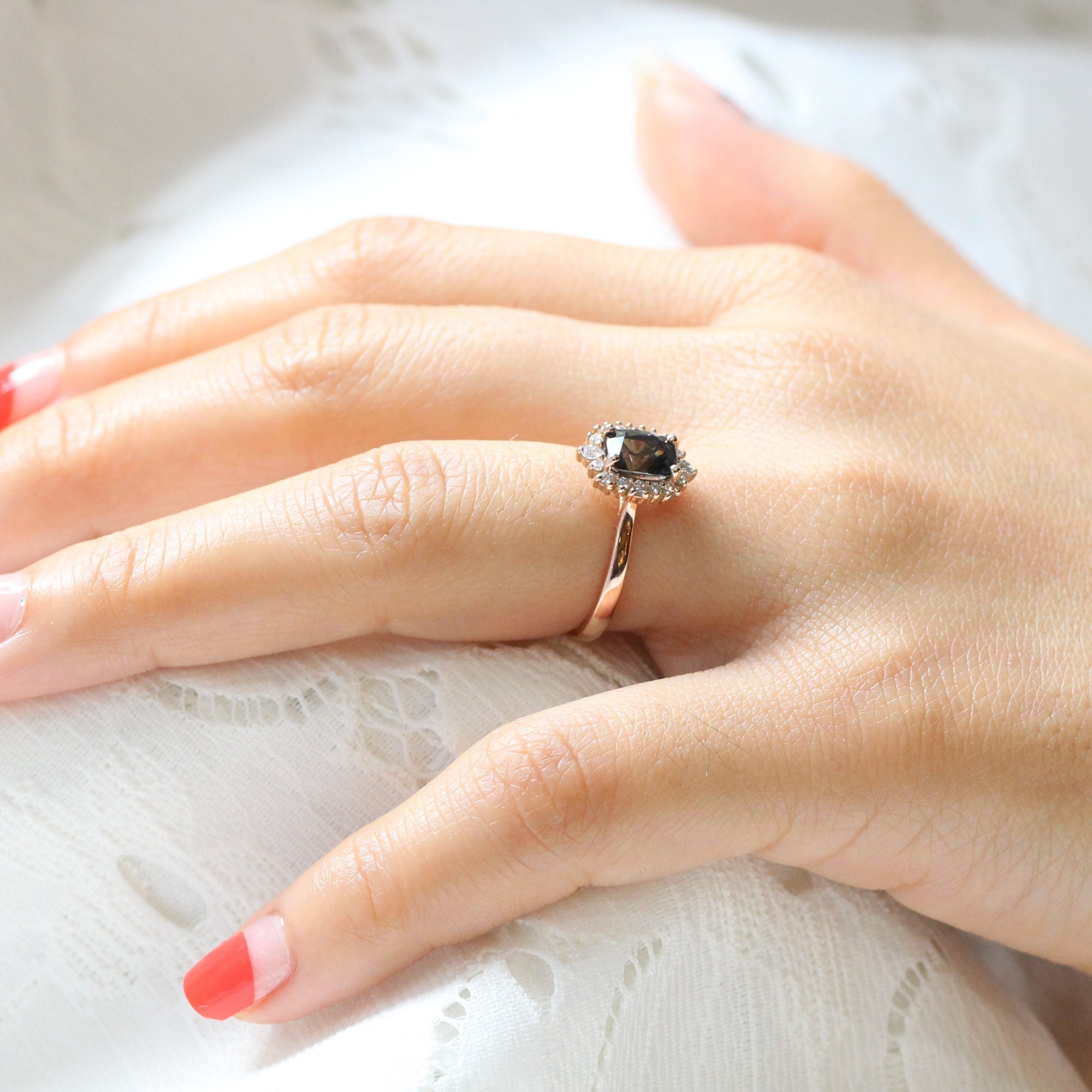 grey spinel ring rose gold cushion salt and pepper diamond ring halo engagement ring la more design jewelry