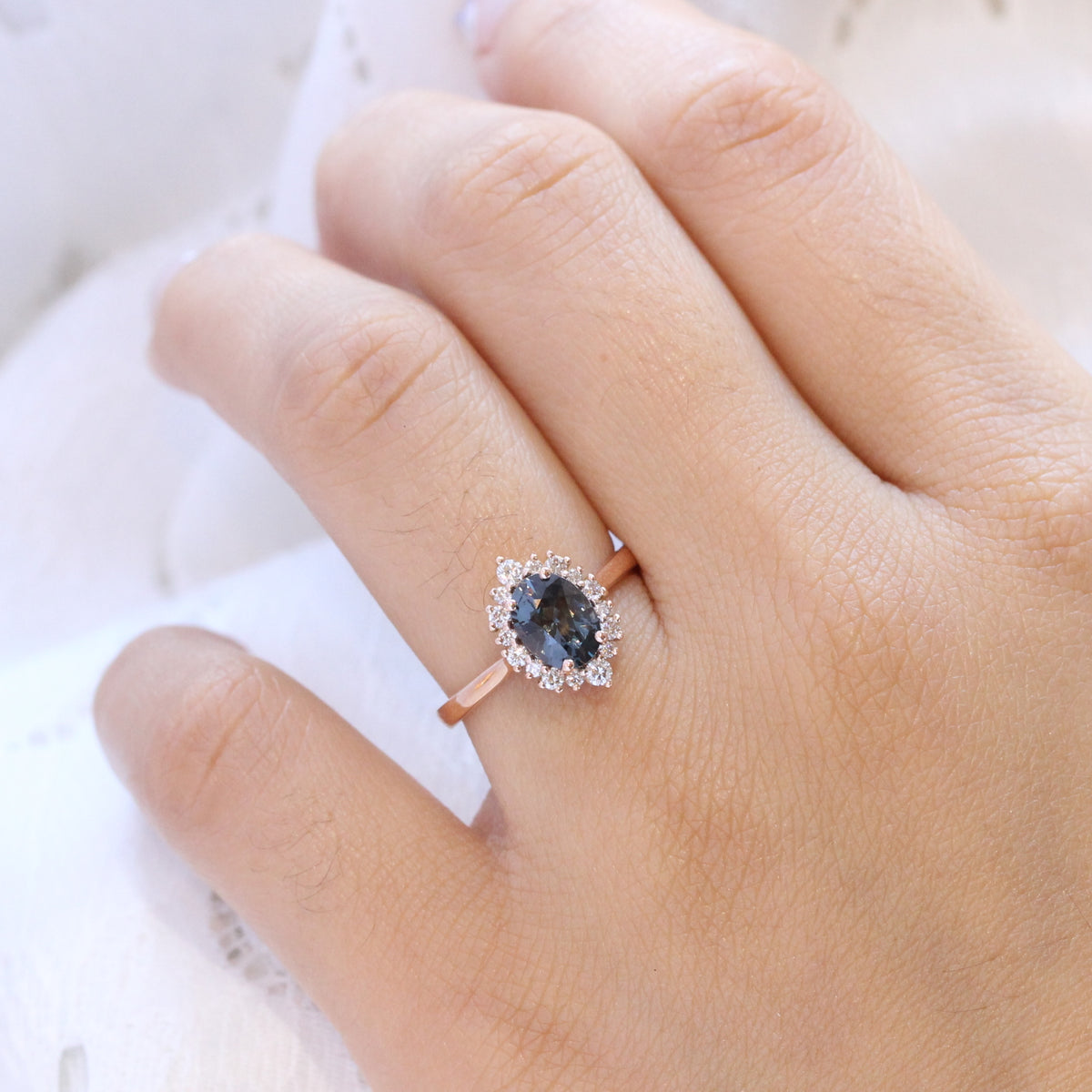 grey spinel ring rose gold oval cut salt and pepper diamond ring halo engagement ring la more design jewelry