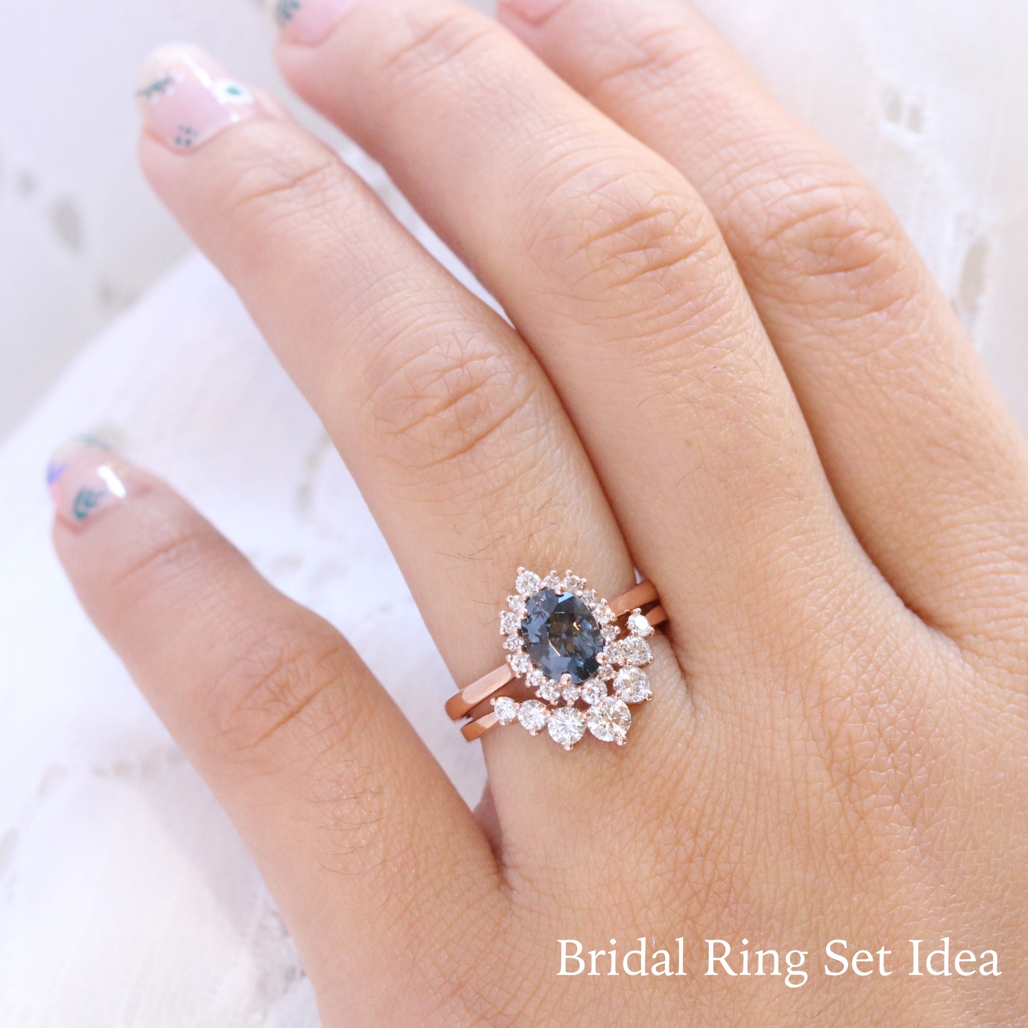 grey spinel ring rose gold oval salt and pepper diamond ring halo engagement ring bridal set la more design jewelry