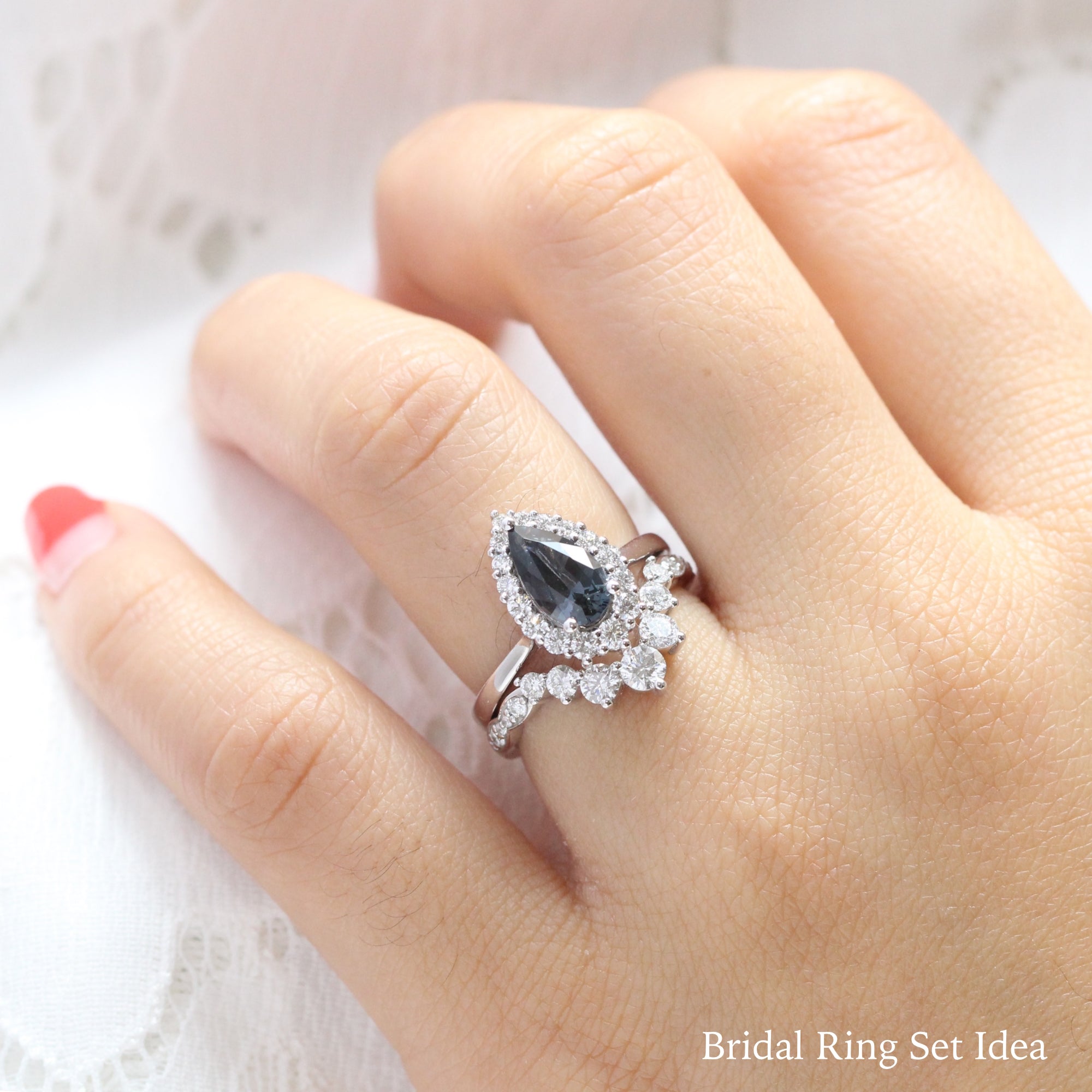 grey spinel ring white gold pear cut salt and pepper diamond ring halo engagement ring bridal set la more design jewelry