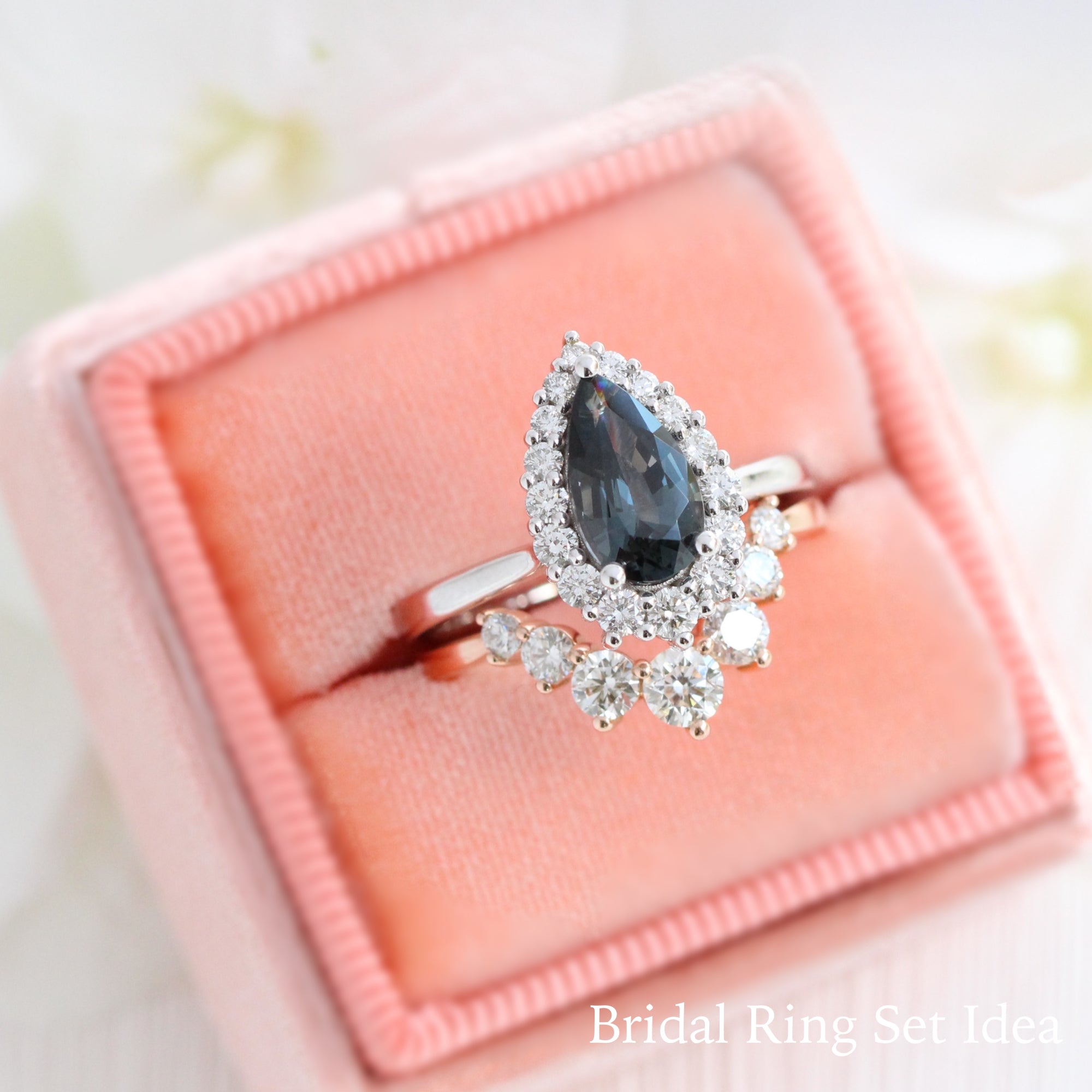 grey spinel ring white gold pear cut salt and pepper diamond ring halo engagement ring bridal set la more design jewelry