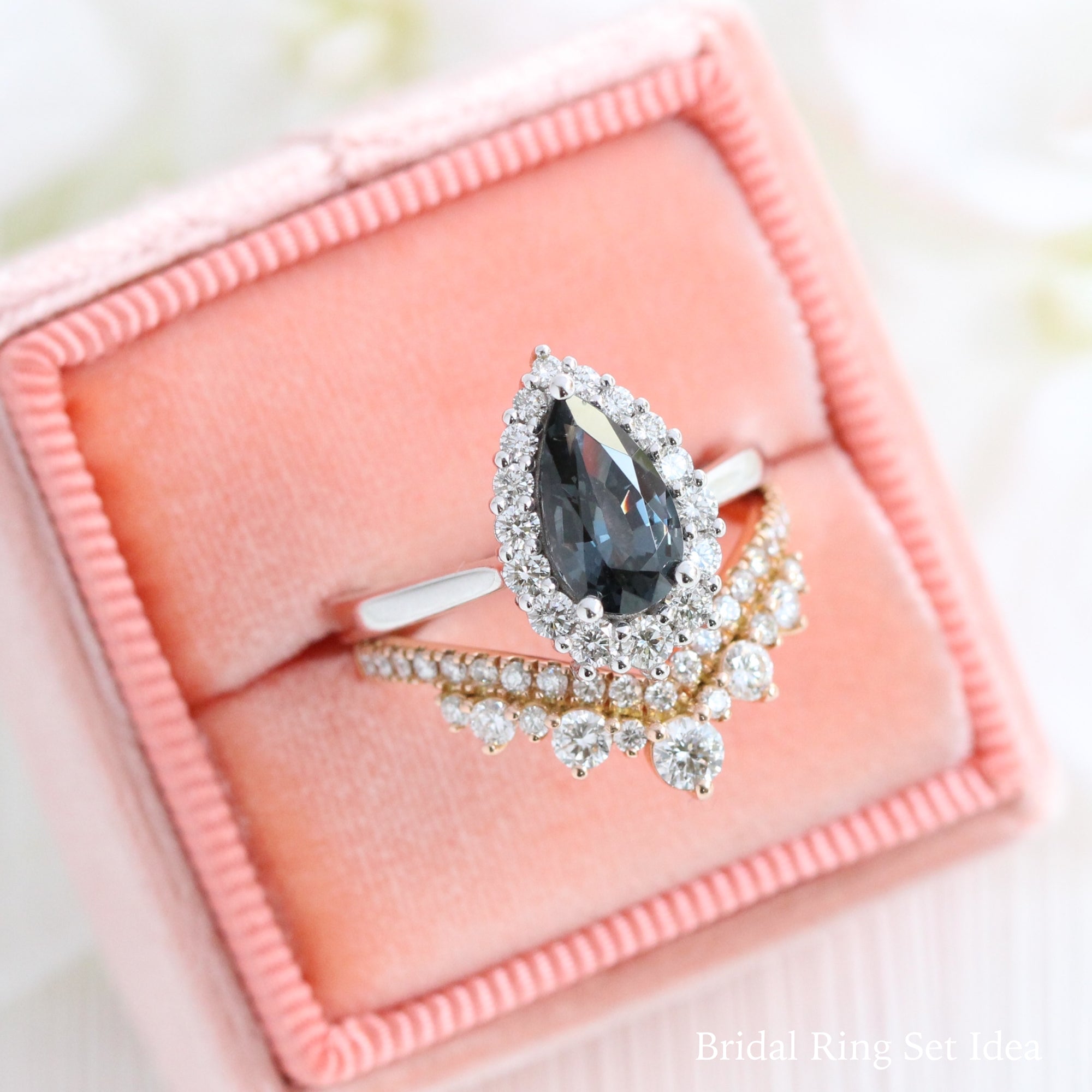 1.88 Ct Pear Grey Spinel Ring in 14k White Gold Tiara Halo Diamond, Size 6.5