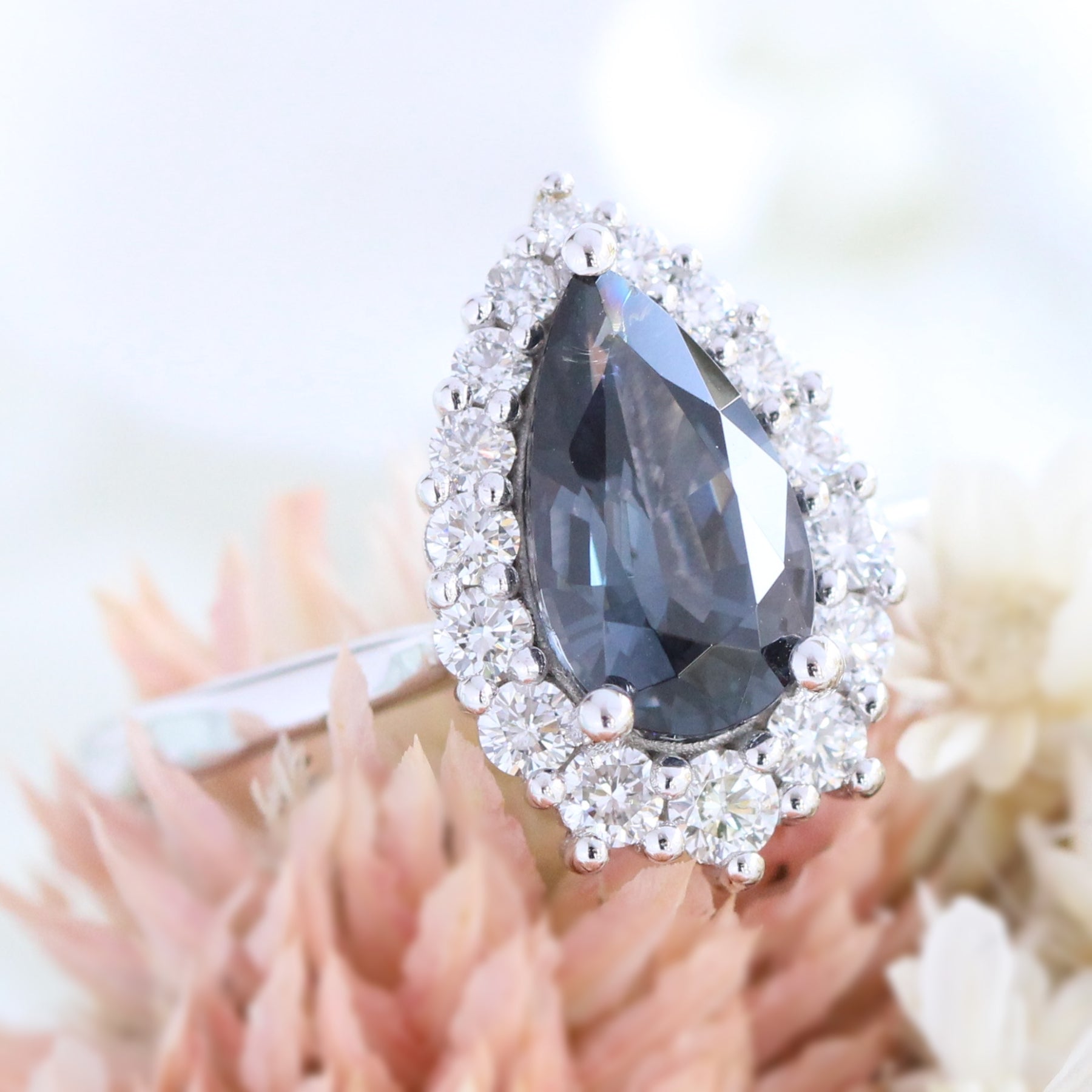 grey spinel ring white gold pear cut salt and pepper diamond ring halo engagement ring la more design jewelry